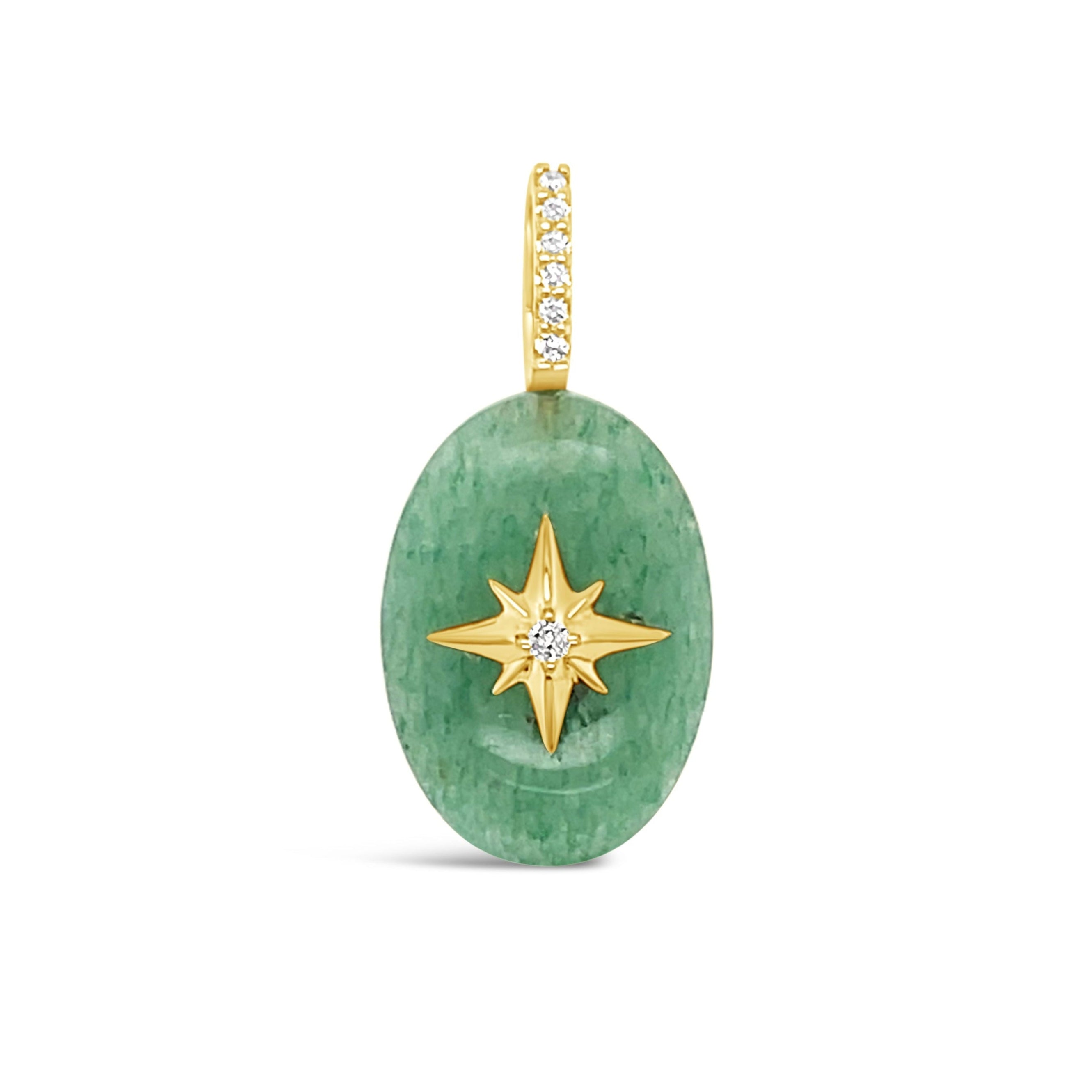 Green aventurine oval cabochon pendant with gold starburst and diamond bail on white background