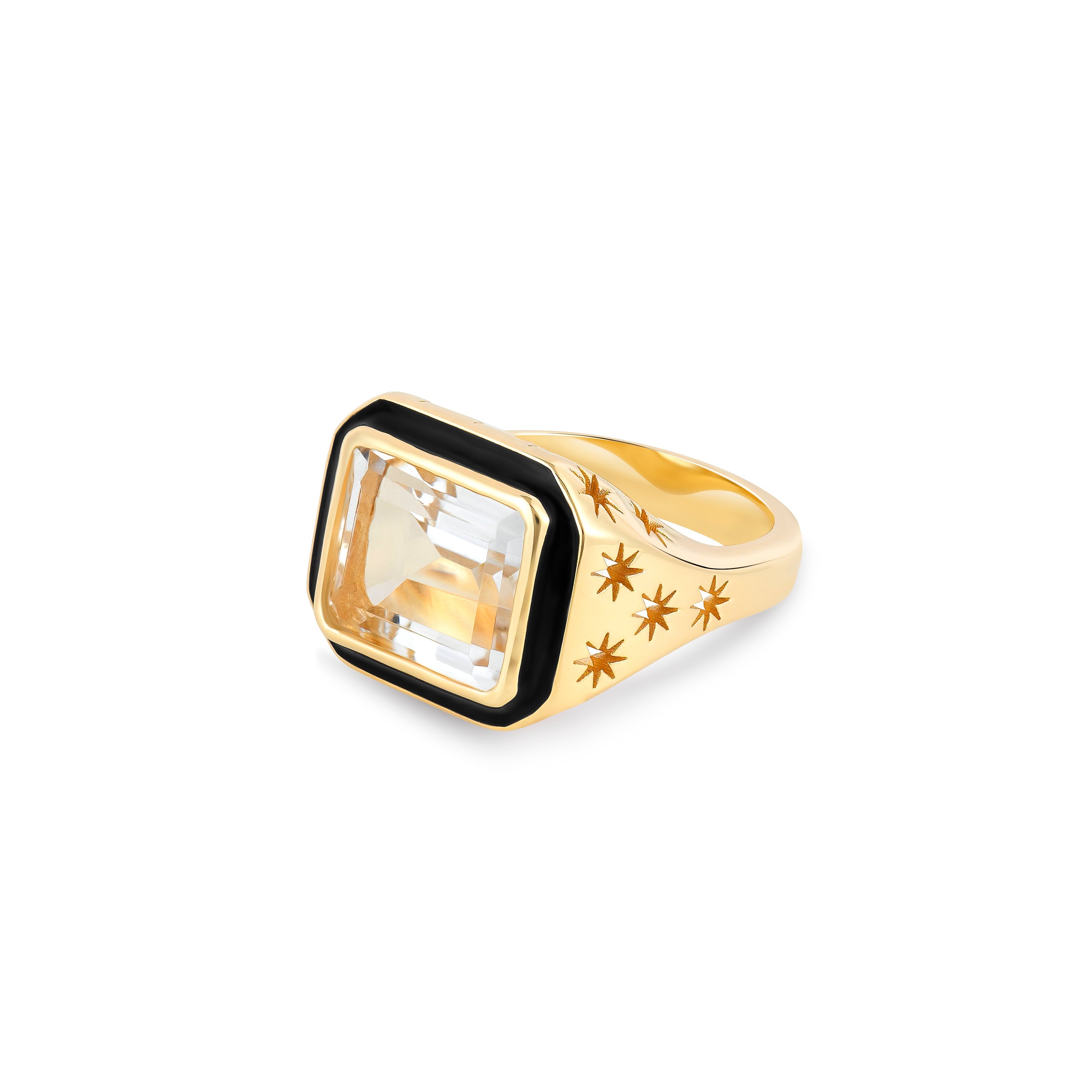 Side view of Starlit Ring in clear crystal showing star-engraved 14k gold shank