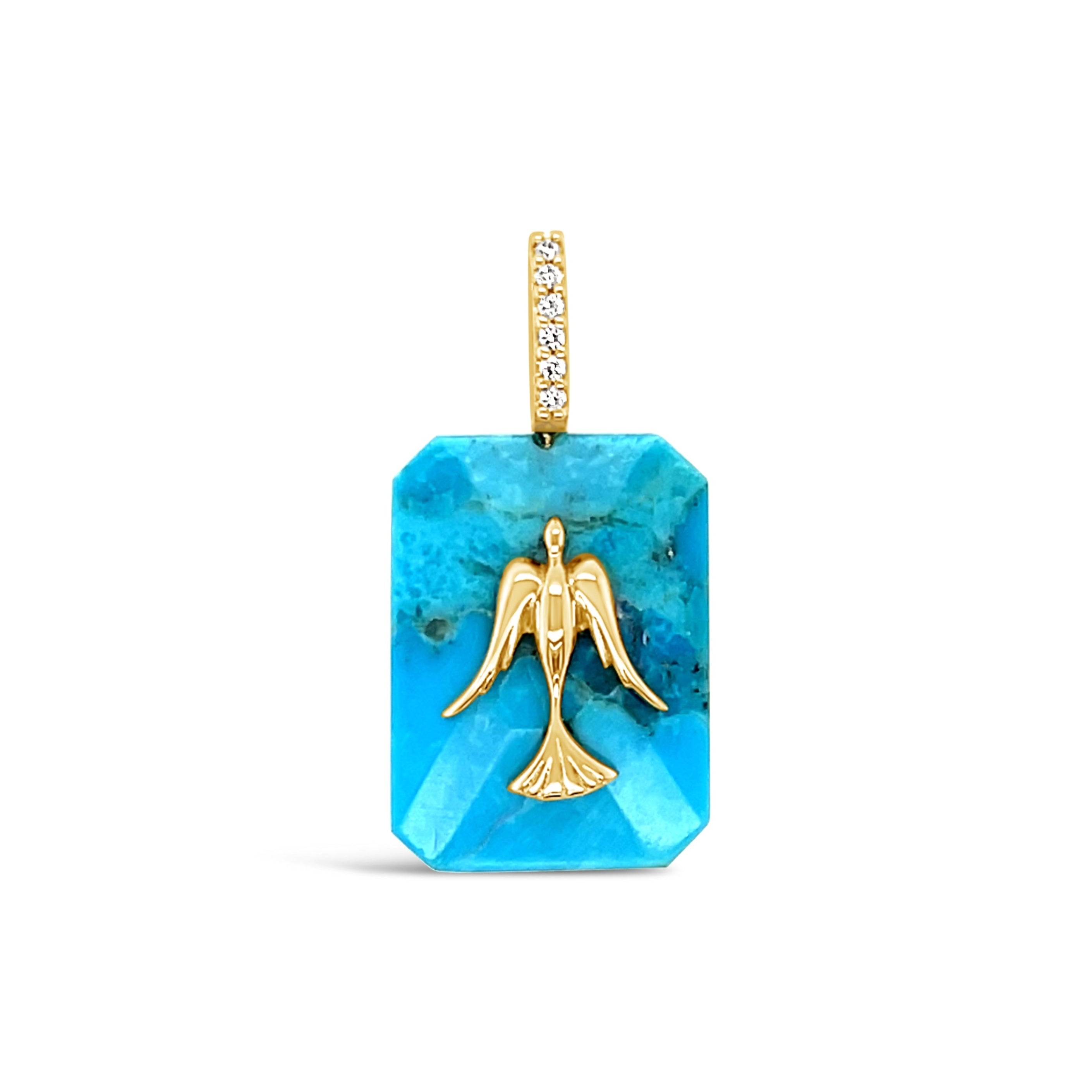 Turquoise pendant with gold mermaid figure on a white background