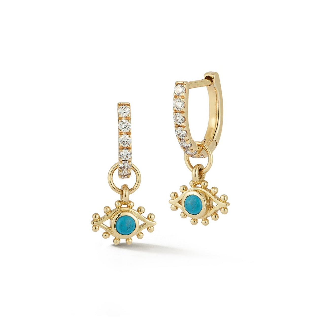 Gold hoop earrings with turquoise stones and diamond accents on a white background