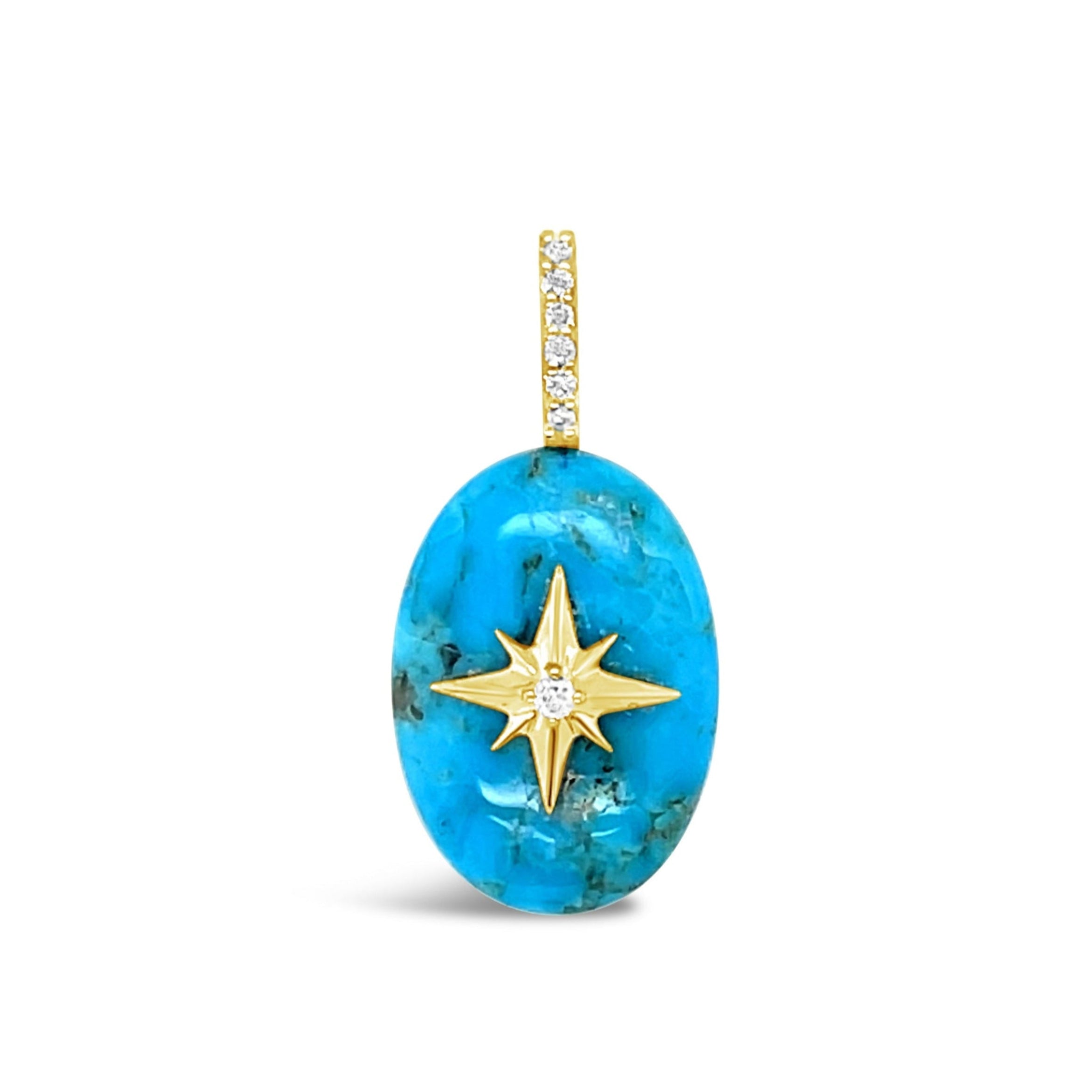 Turquoise oval cabochon pendant with gold starburst and diamond bail on white background