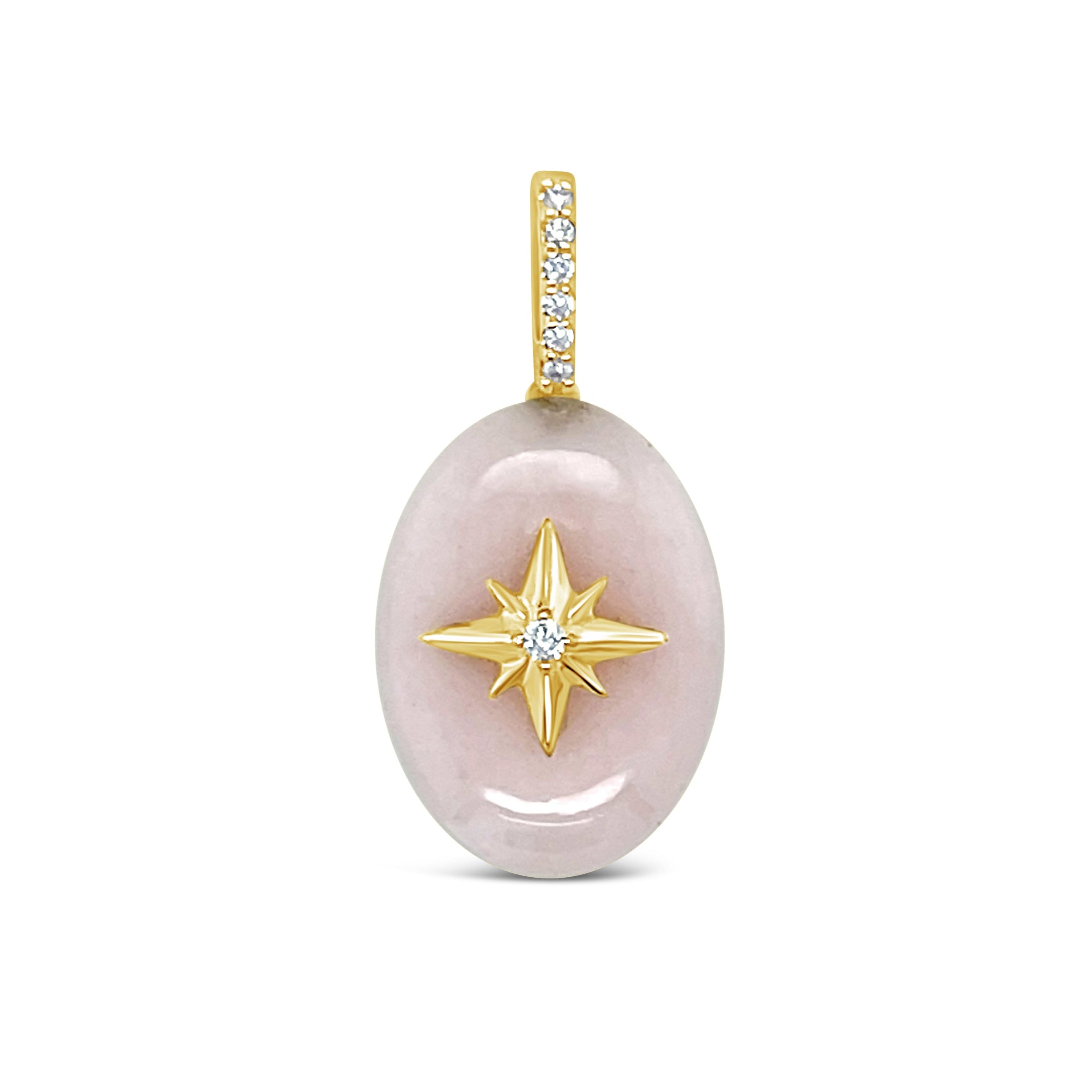 Pink Opal oval cabochon pendant with gold starburst and diamond bail on white background