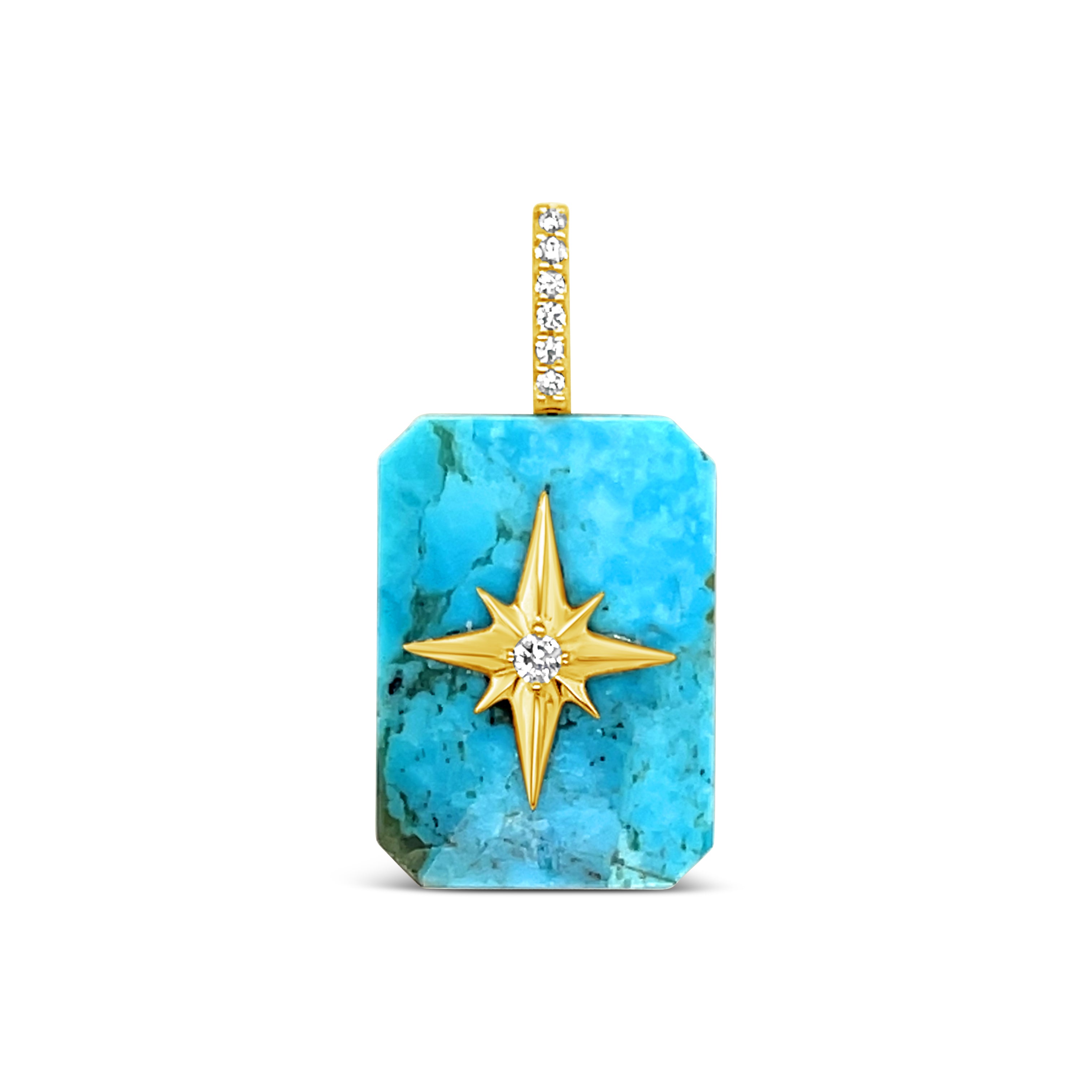 Turquoise emerald-cut cabochon pendant with gold starburst and diamond bail on white background