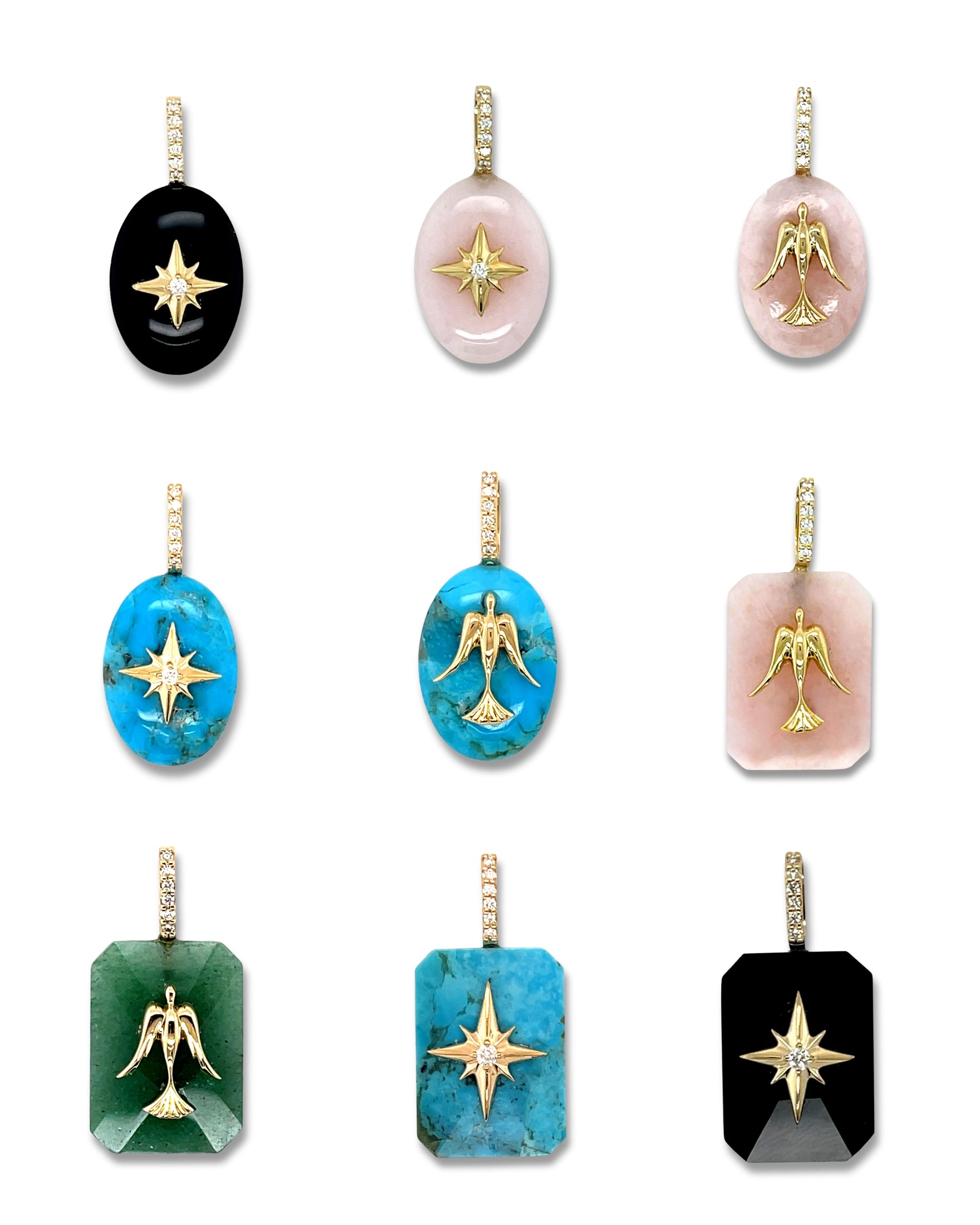 Assorted gemstone cabochon pendants including turquoise, black onyx, pink opal and green aventurine with gold starburst details
