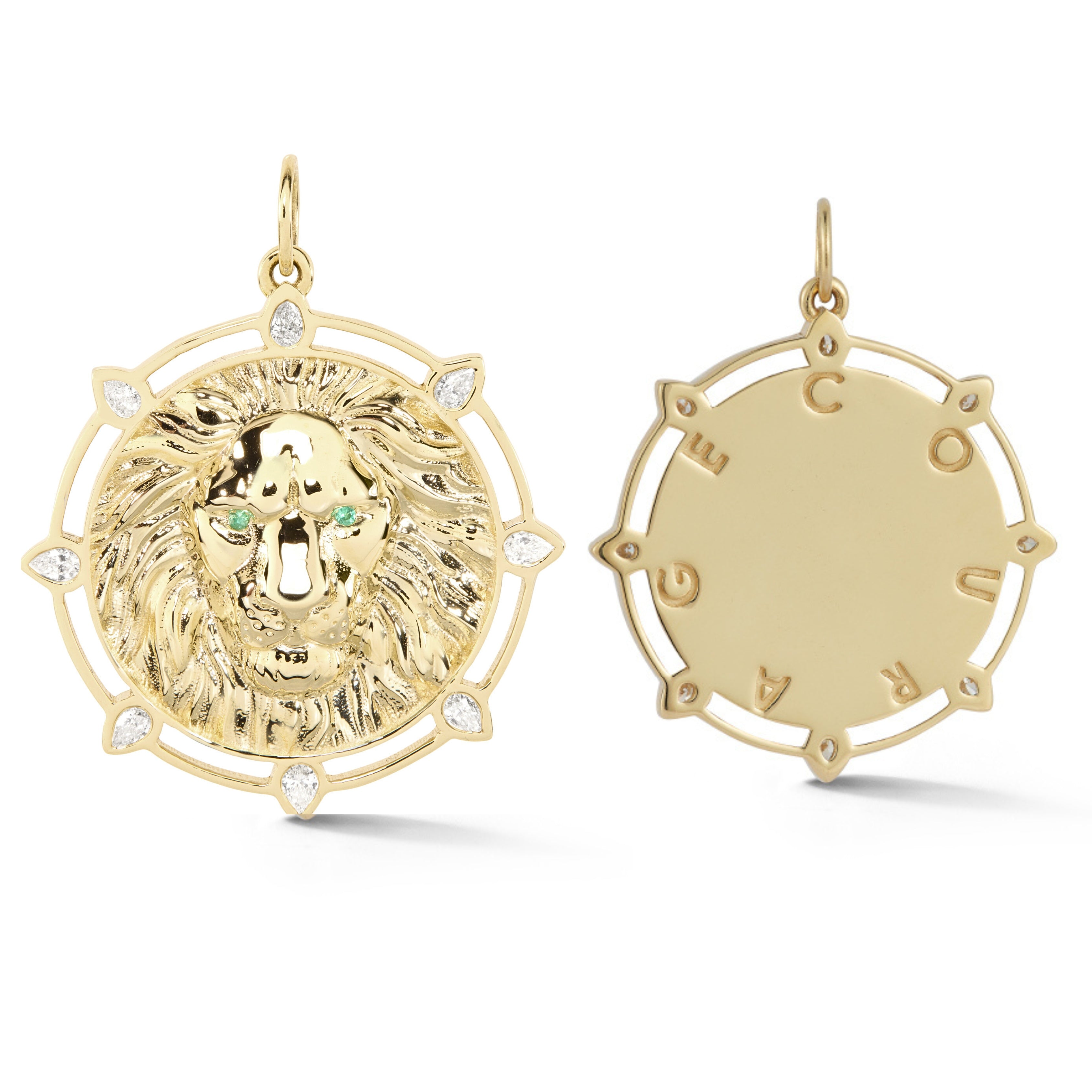 Gold lion charm pendant with sunburst frame shown front and back