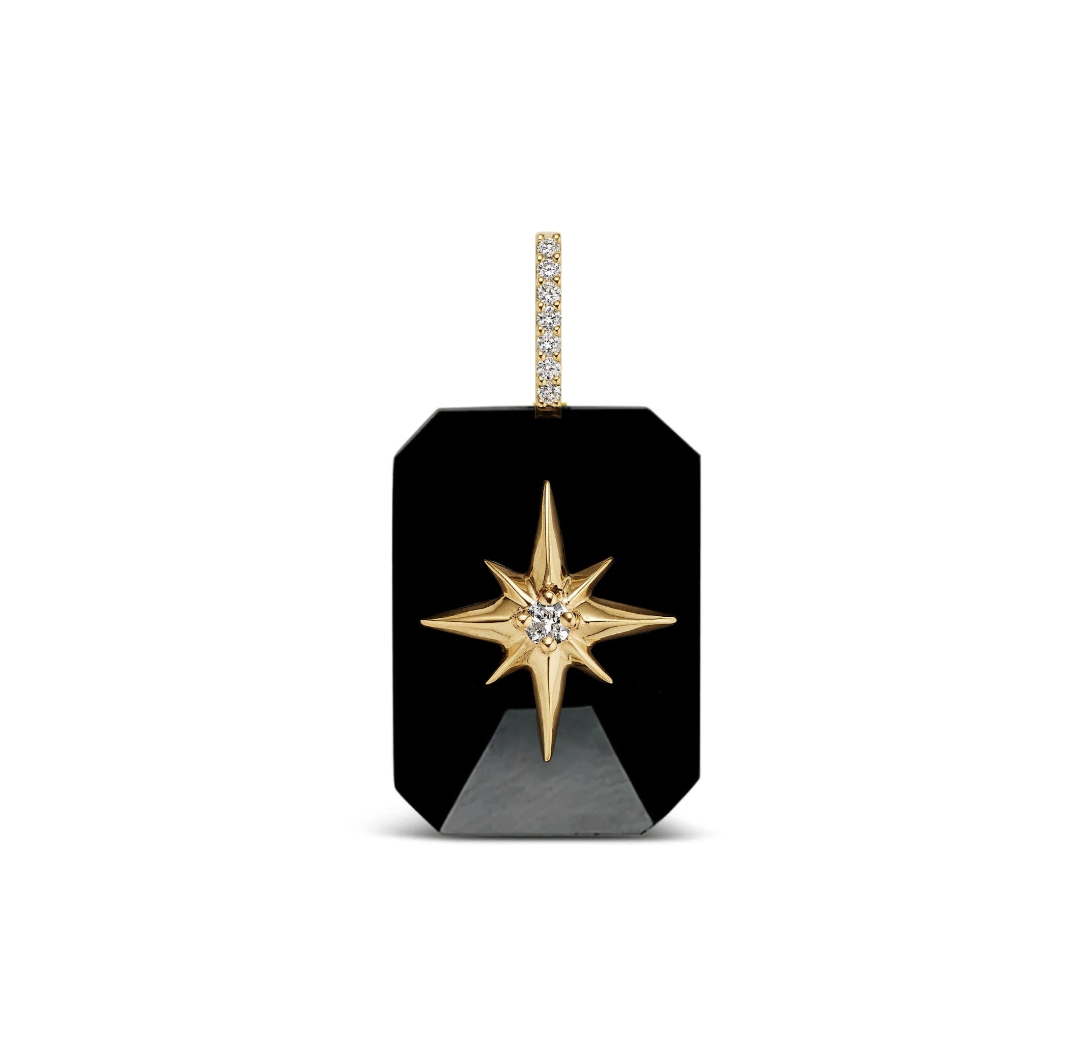 Black Onyx emerald-cut cabochon pendant with gold starburst and diamond bail on white background