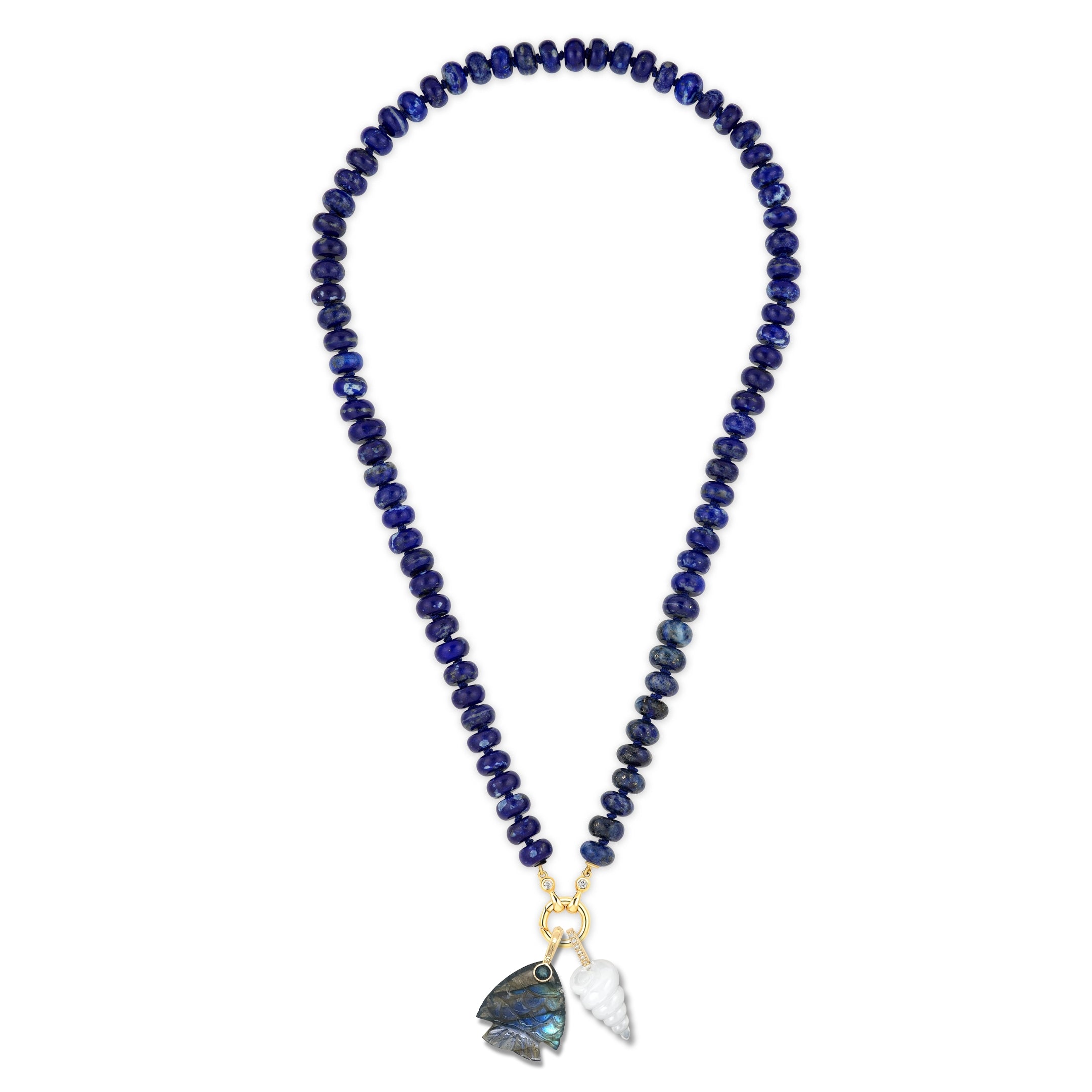 gemstone fish charm with lapis beads