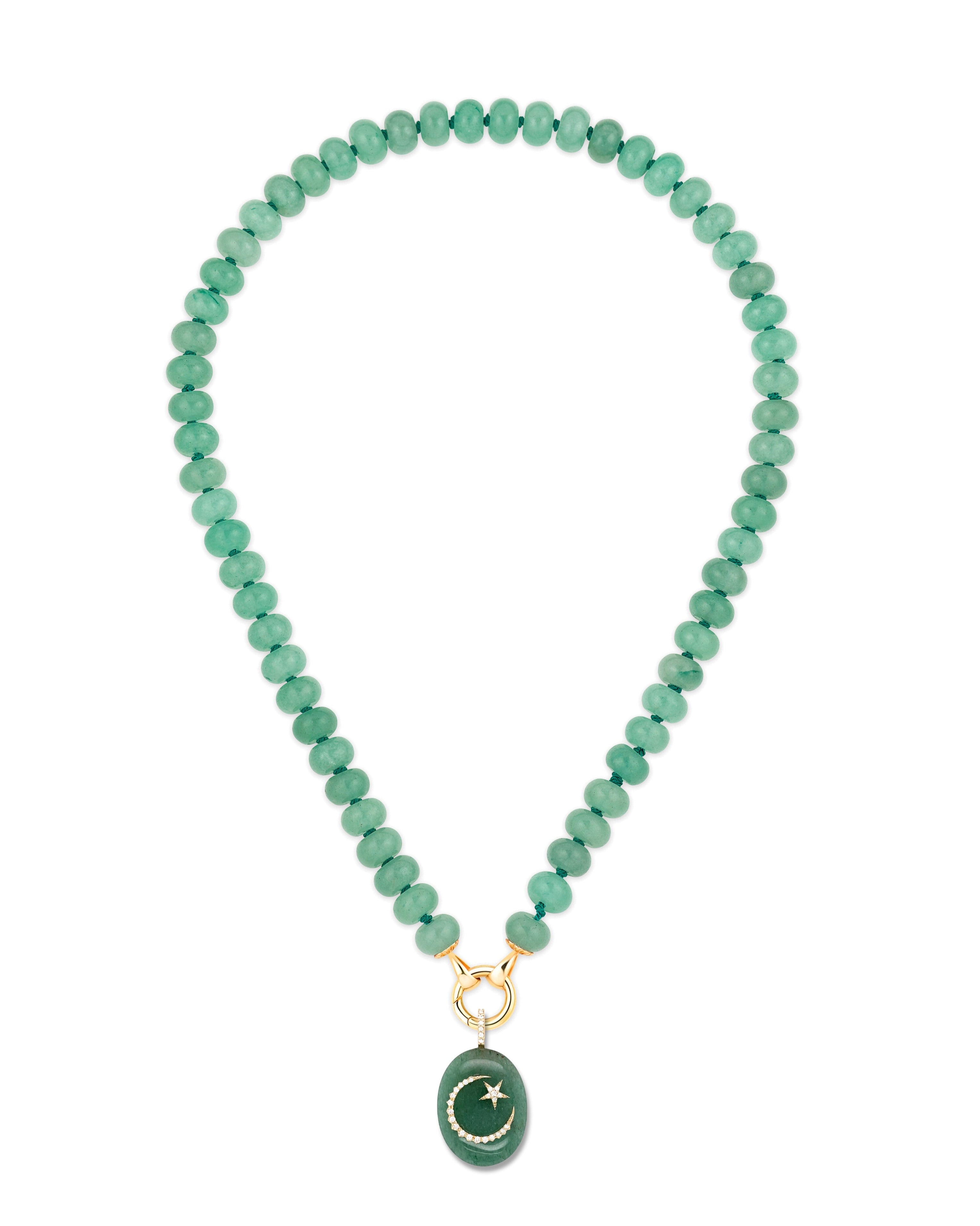 Green aventurine beaded necklace with moon-and-star pendant