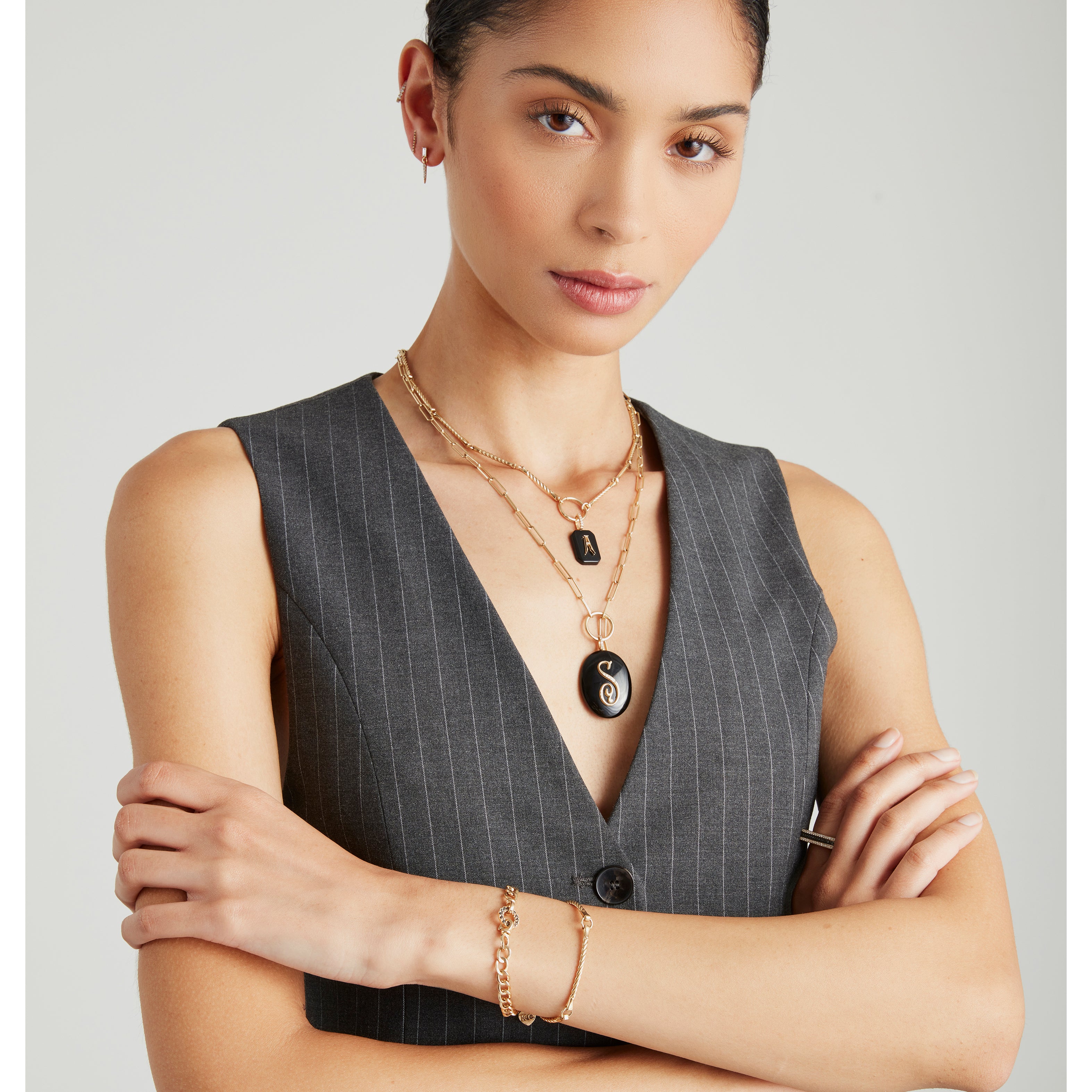 Large Oval Cabochon Monogram Pendant-Black Onyx