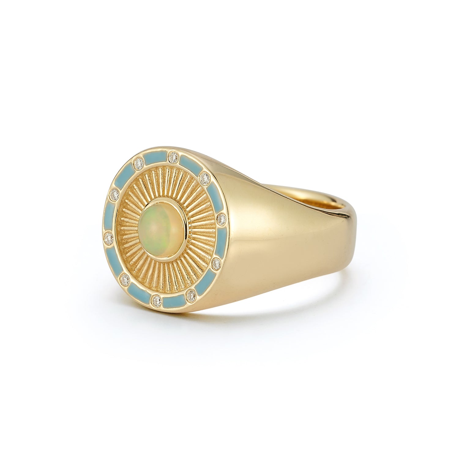 Side view of Clarity Opal Signet Ring with blue enamel detailing