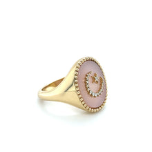Load image into Gallery viewer, pink opal moon and star signet ring angled view on white background