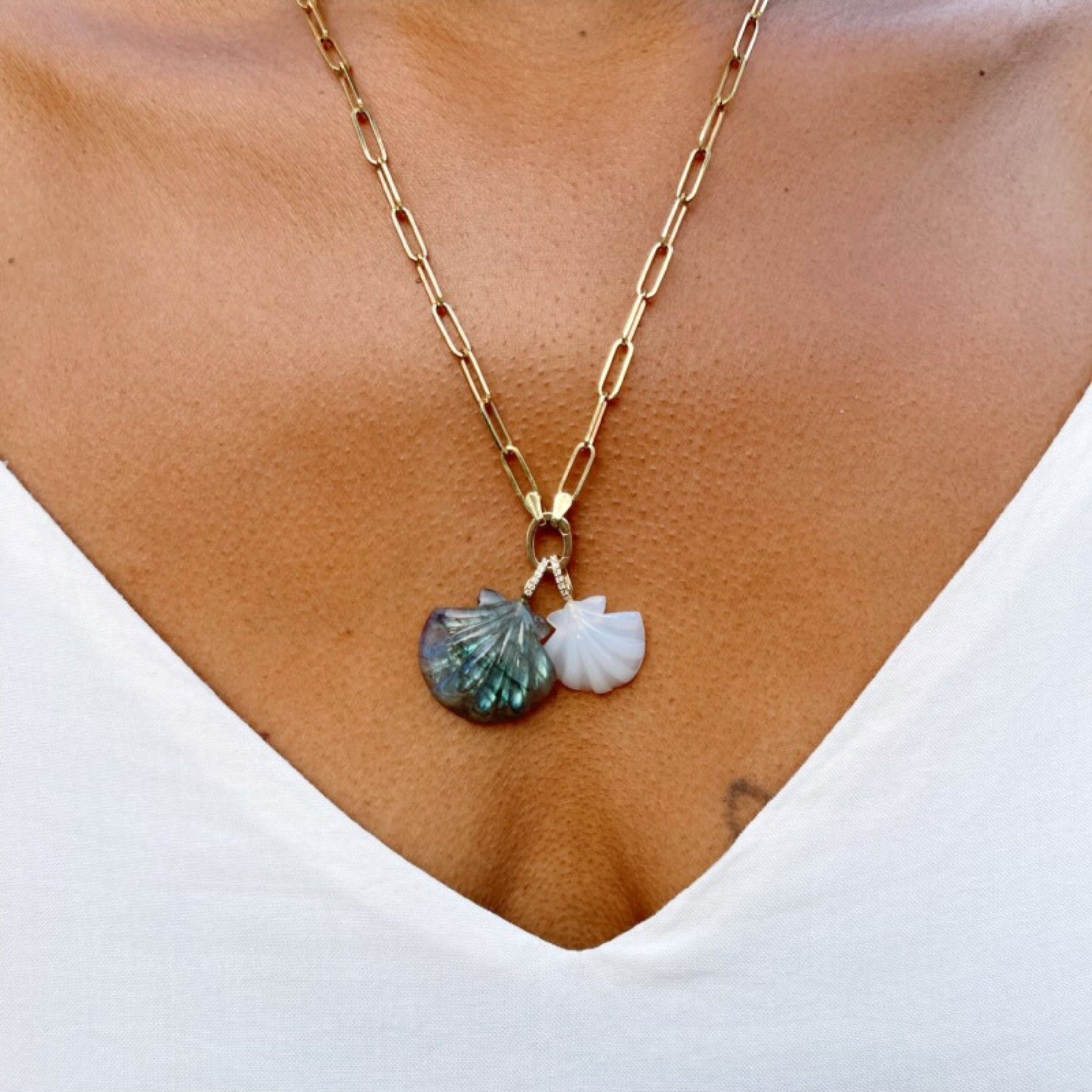 labradorite and white onyx scallop shell pendant