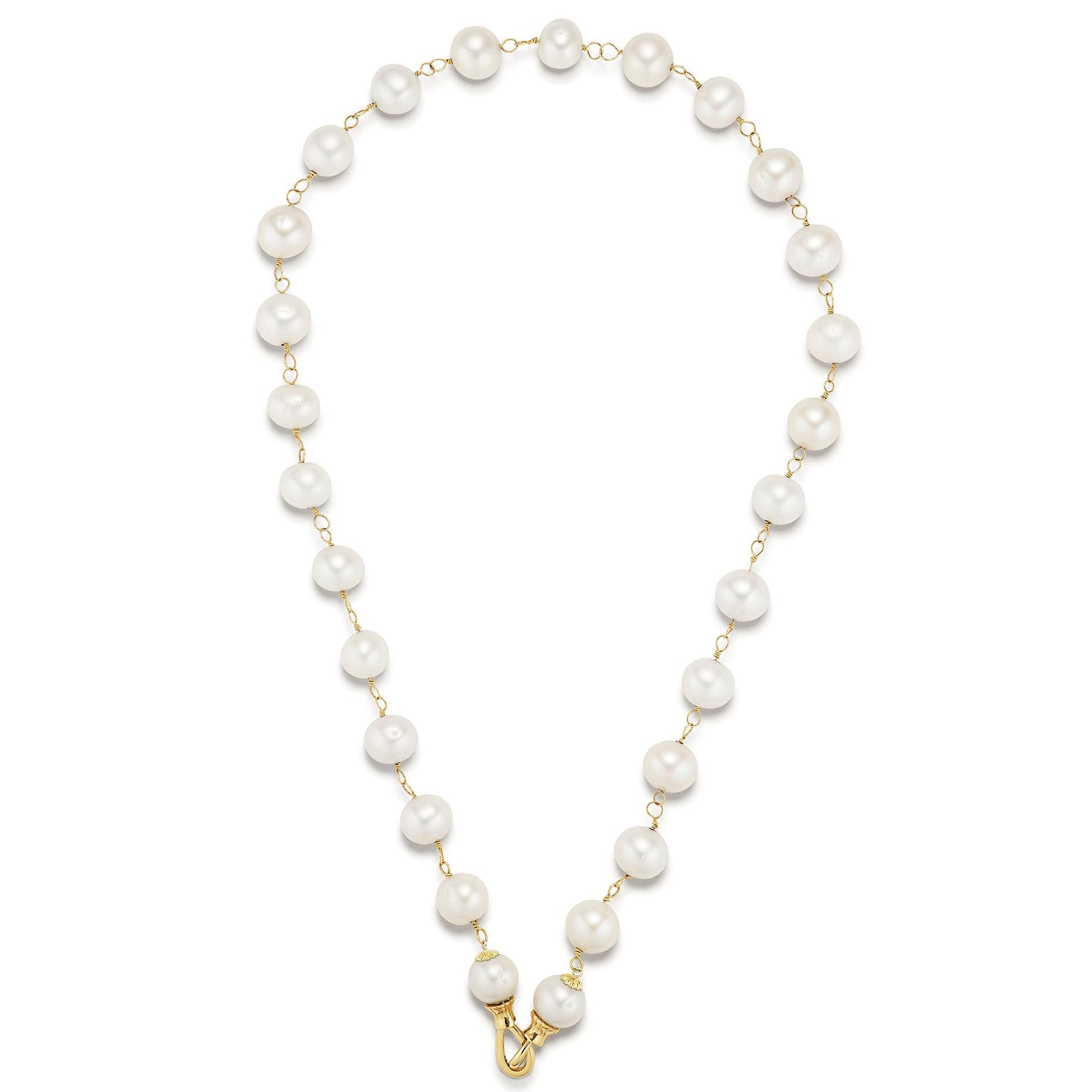Pearl necklace with gold clasp on a white background