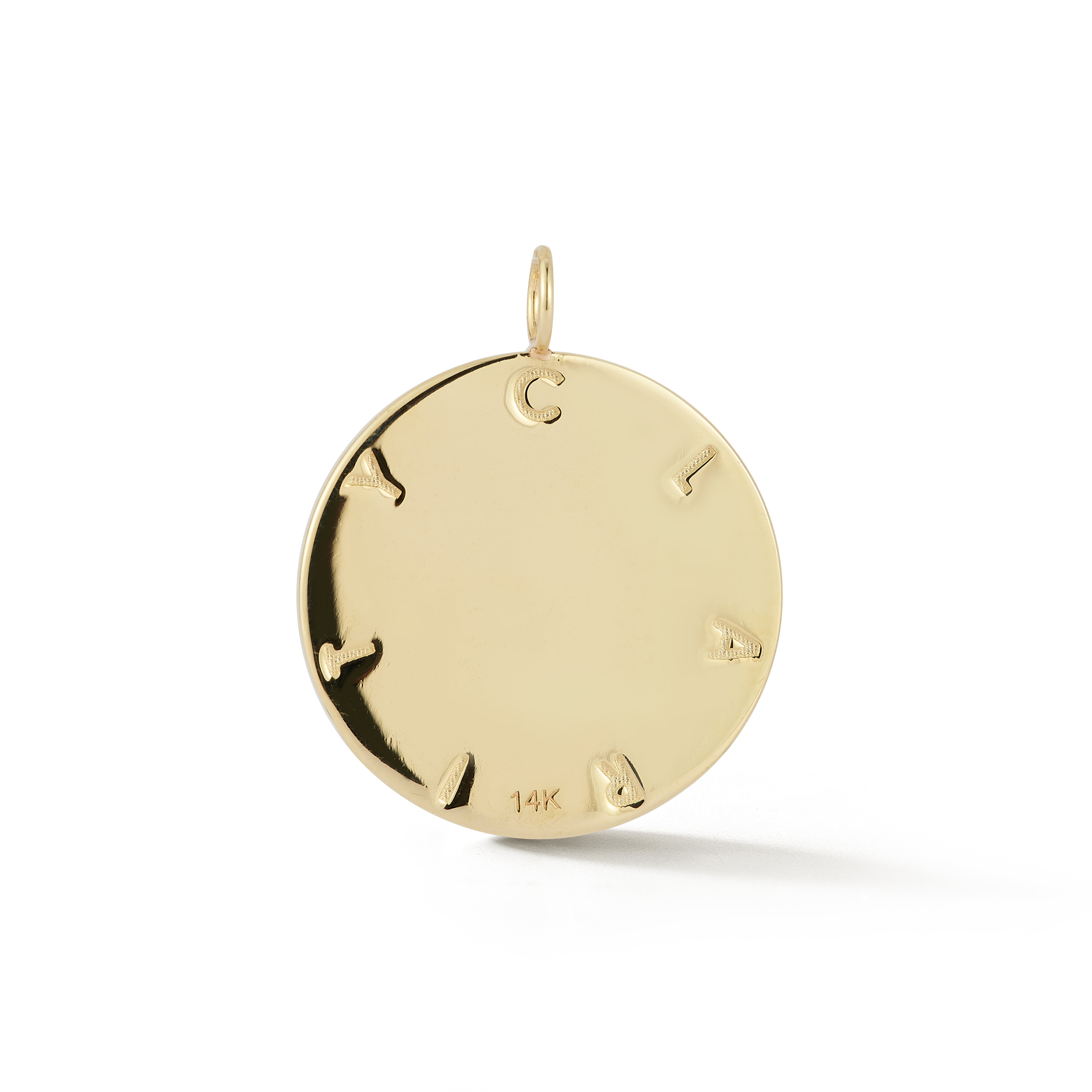 Back of the Clarity Pendant in polished 14k gold engraved with “Clarity.”
