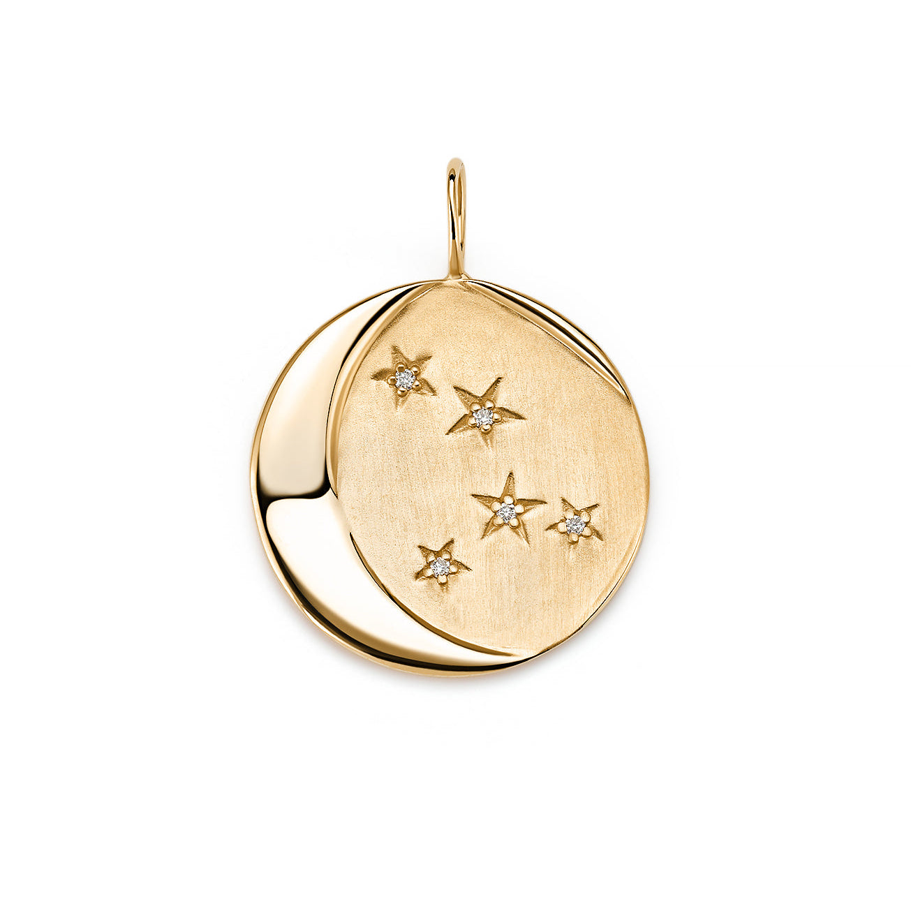 Close-up of the Estrella Charm in 14k gold with crescent moon and three diamond stars on a white background