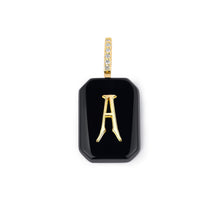 Load image into Gallery viewer, An emerald cut black onyx cabochon pendant with a gold letter 'A' inlaid
