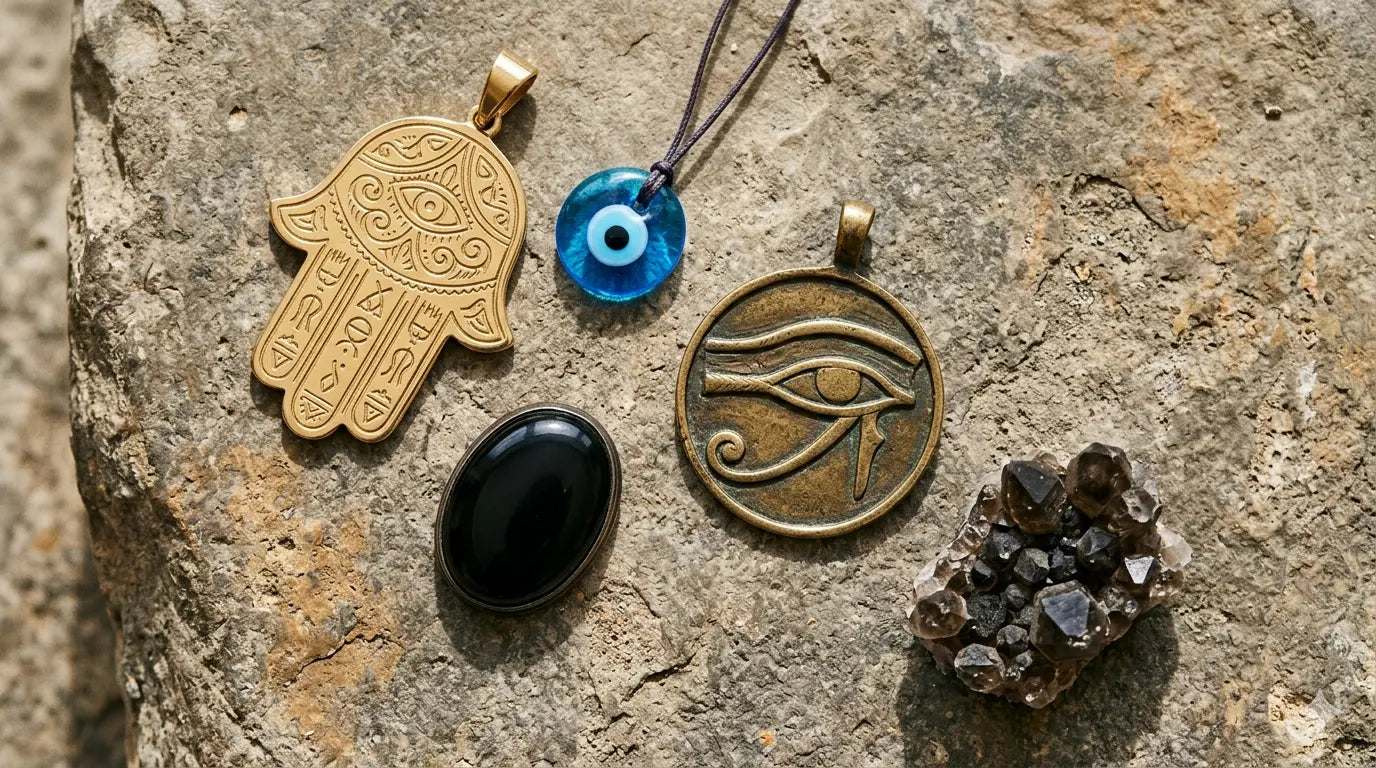 Collection of protection symbols and amulets including Hamsa, Evil Eye, Eye of Horus, and black onyx arranged on a stone surface
