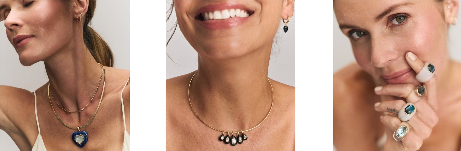 What’s New collection image featuring a model wearing layered Kate Collins Jewelry necklaces, highlighting the latest fine jewelry arrivals in a clean, editorial style