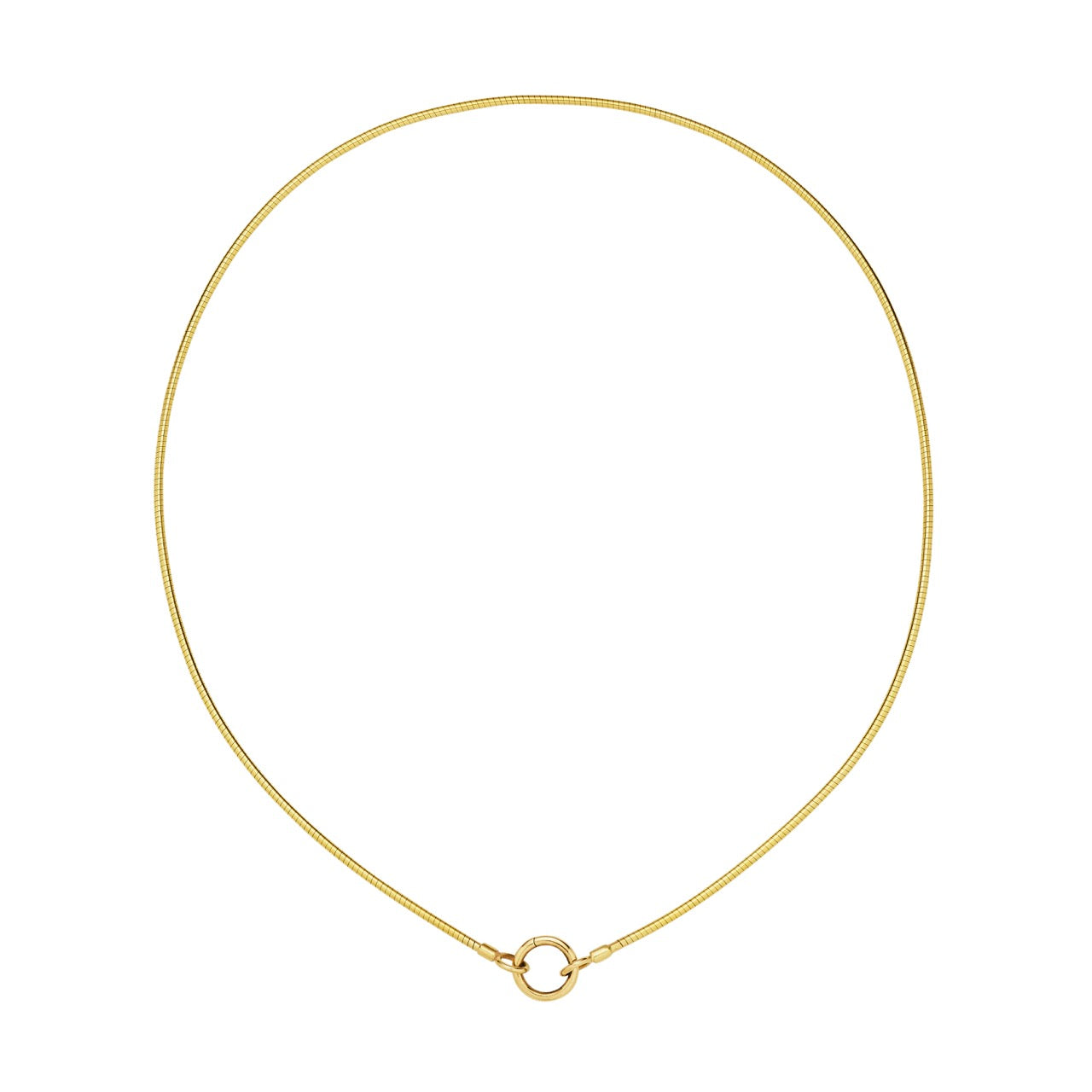Gold necklace with a small round pendant on a white background
