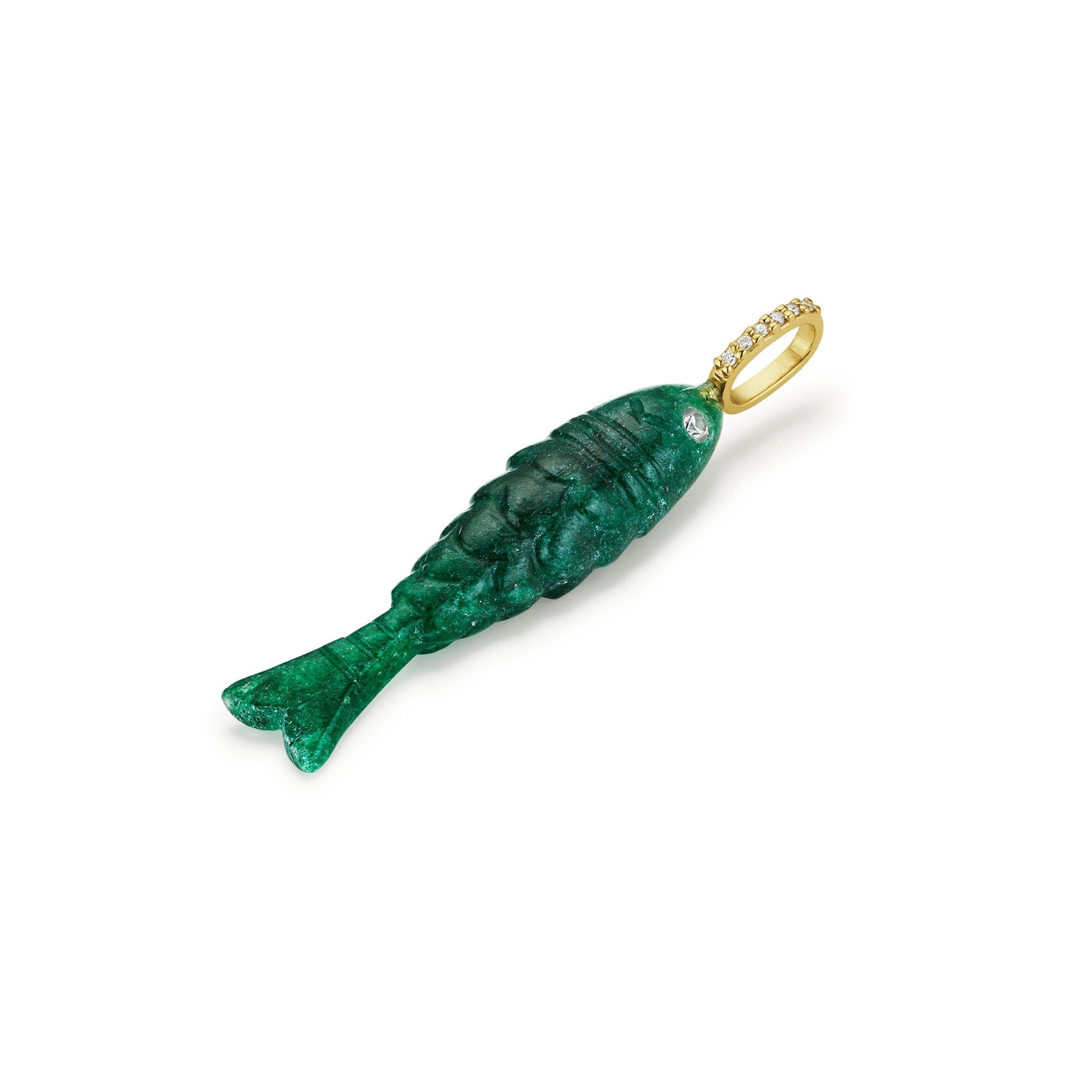 Green fish-shaped pendant with gold chain on a white background