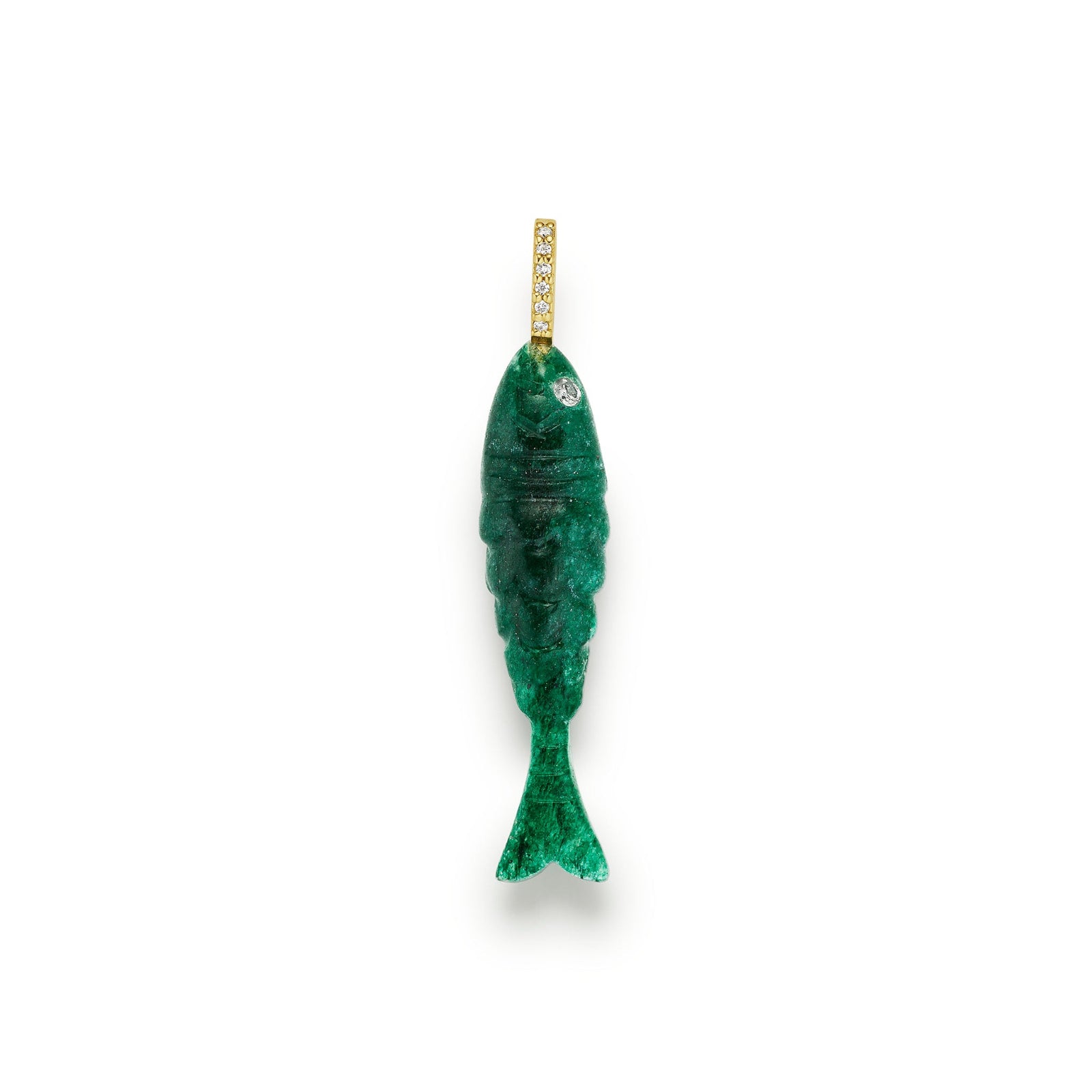 Green jade fish pendant with gold chain on a white background