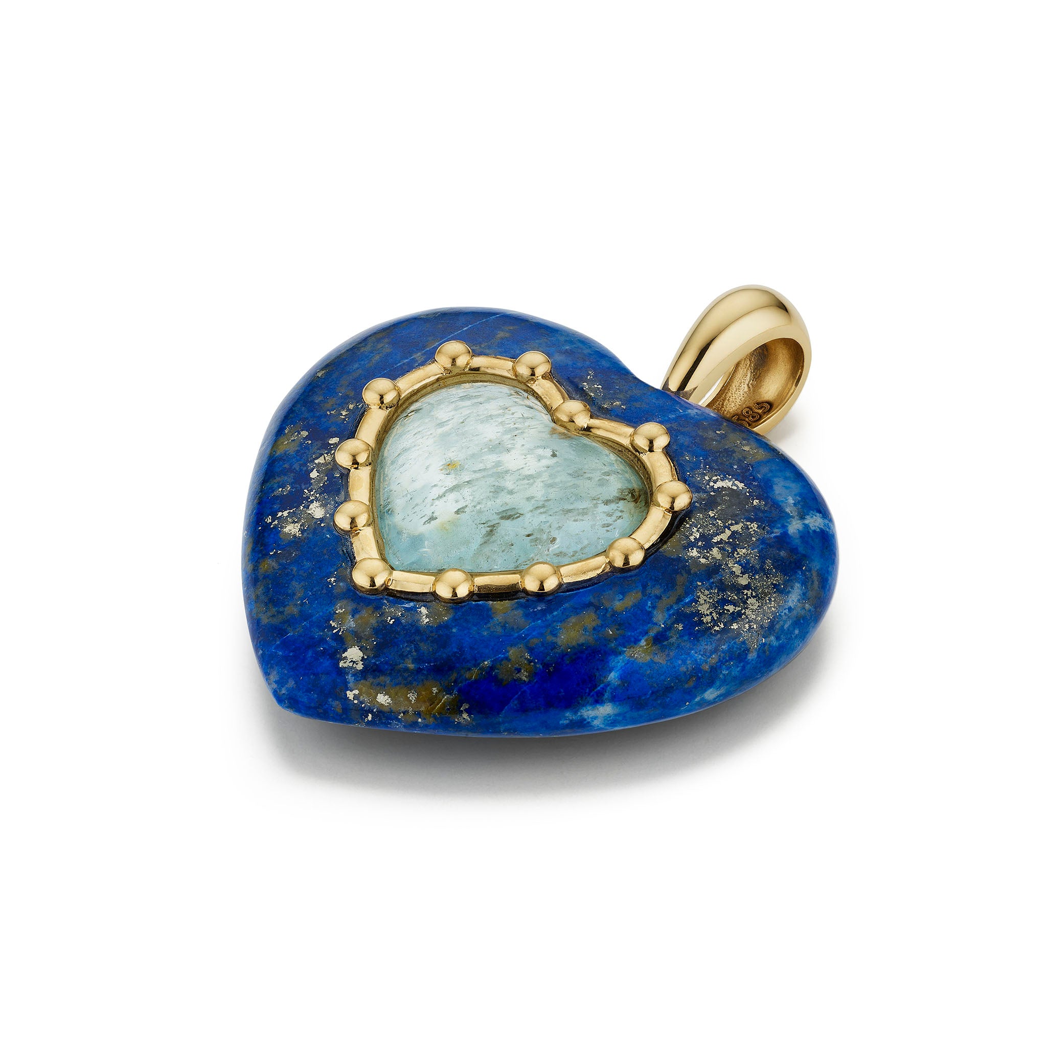 Heart-shaped pendant with blue stone and gold accents on a white background