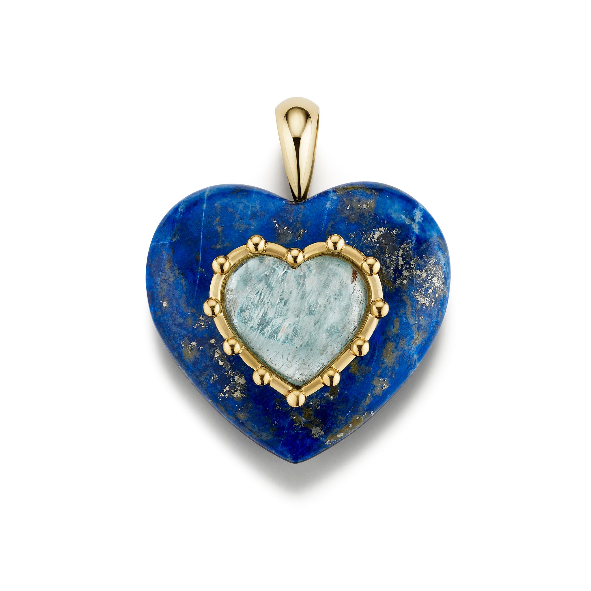 Heart-shaped pendant with blue stone and gold frame on a white background