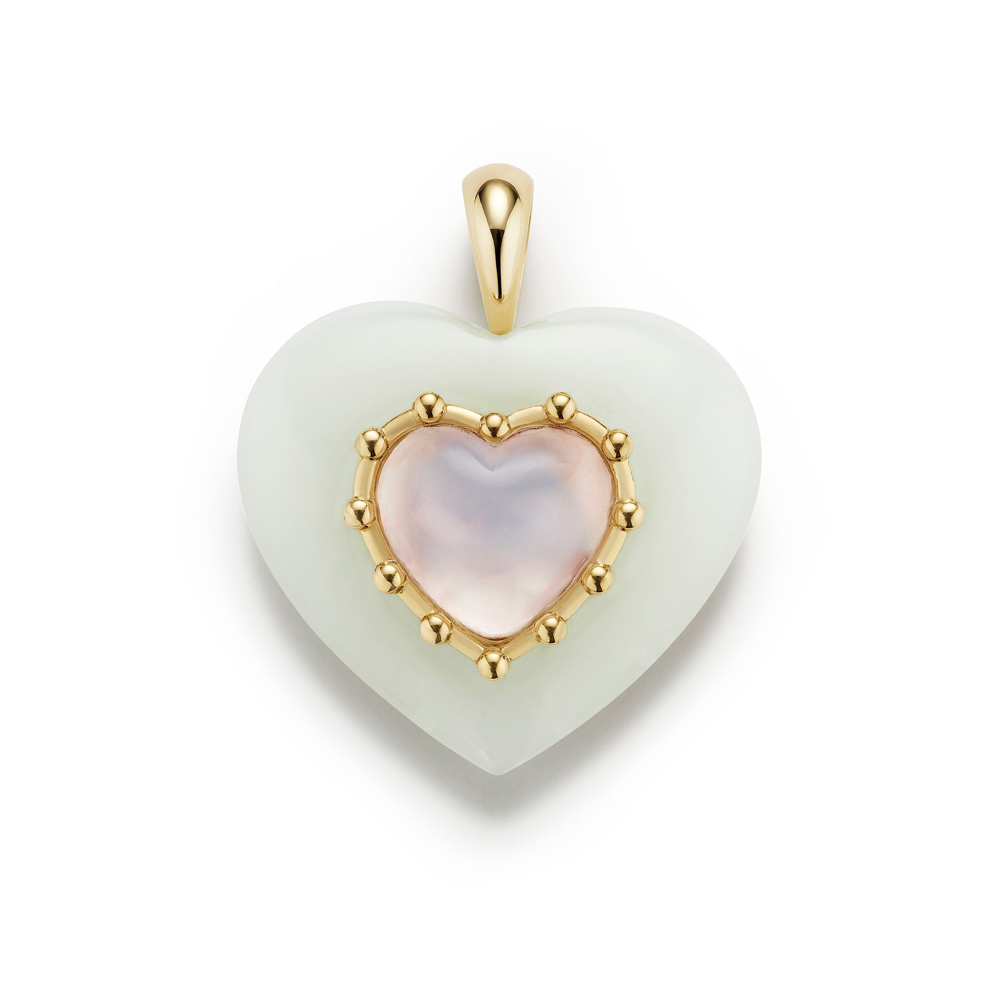 Heart-shaped pendant with gold frame and light green heart in the center on a white background