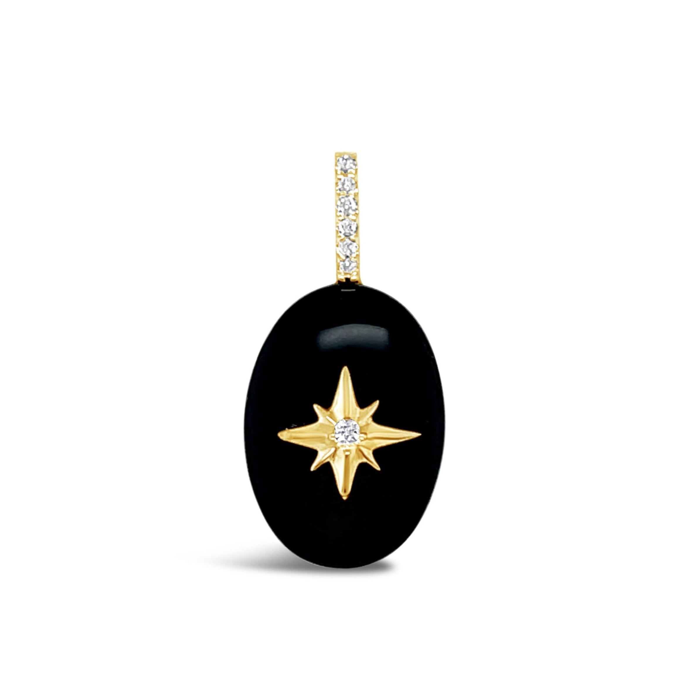 Black Onyx oval cabochon pendant with gold starburst and diamond bail on white background