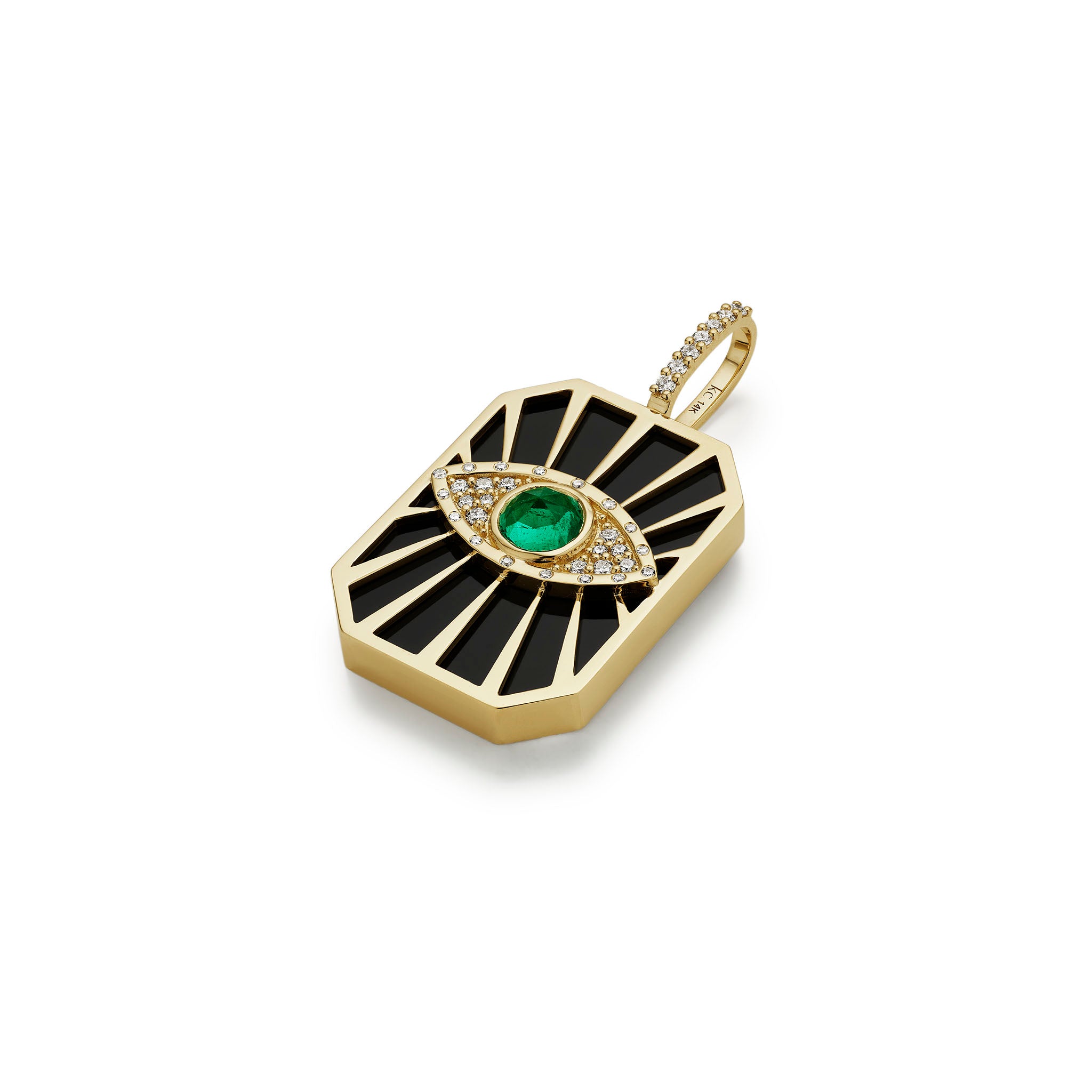 Evil Eye Diamond Sunburst Tag Pendant- Emerald-side
