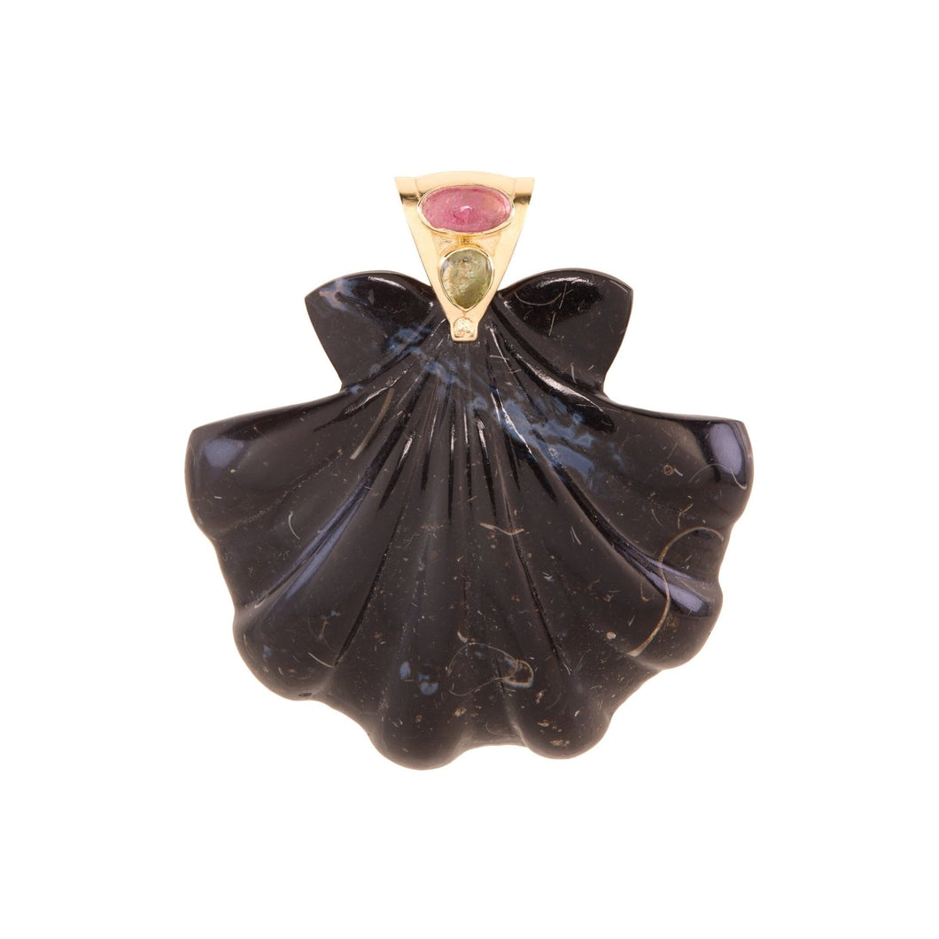 Extra large black calcite scallop shell pendant