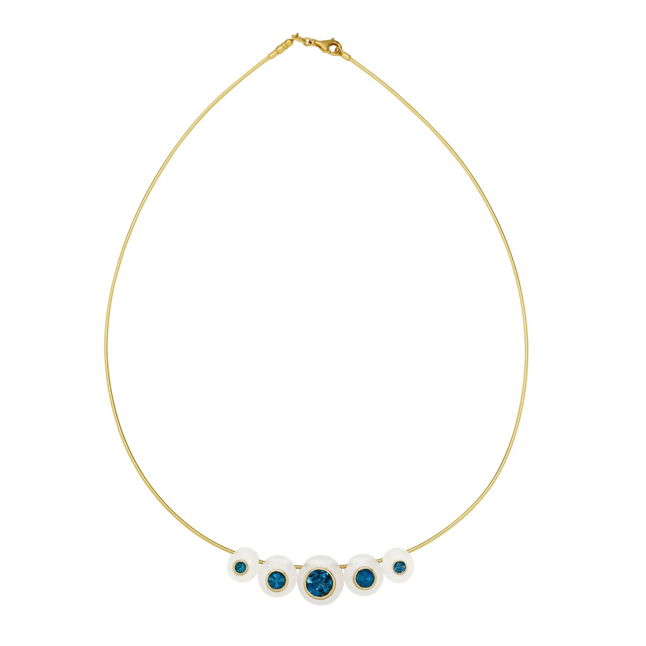 White Onyx beads with  London Blue Topaz center stone on 14k gold Omega Chain. 