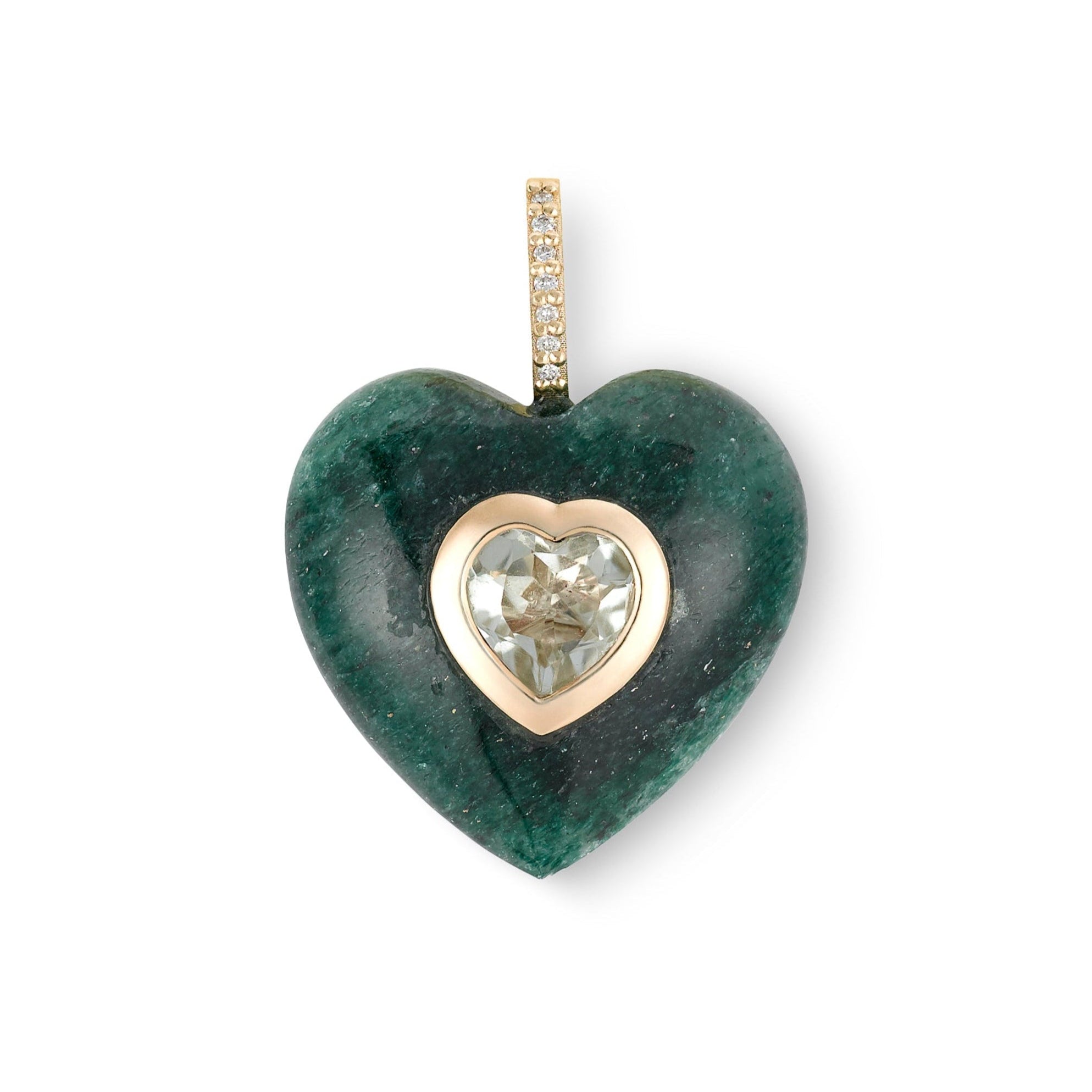 Heart-shaped pendant with green stone and gold heart cutout on a white background