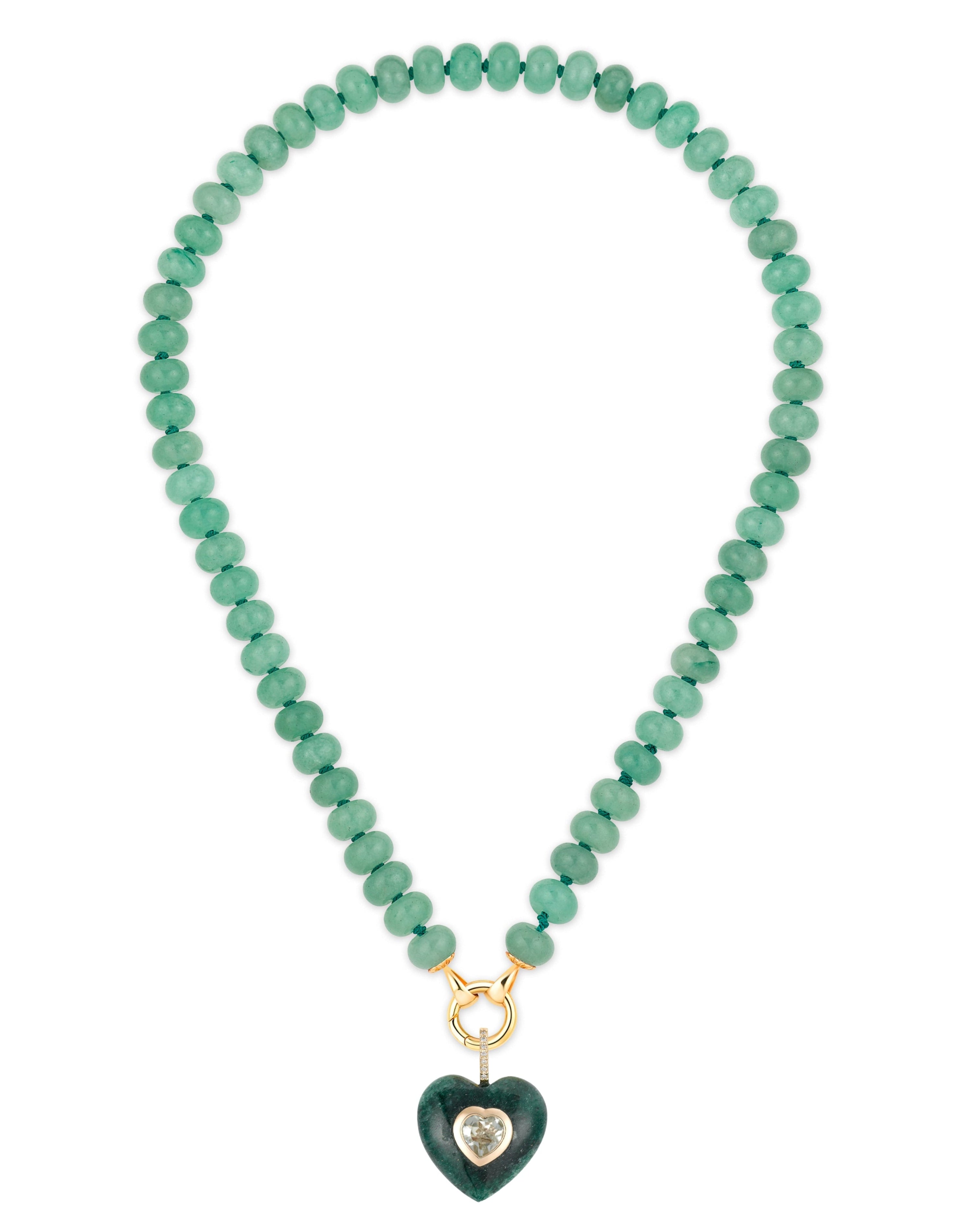Green Aventurine beaded necklace with a heart-shaped pendant on a white background
