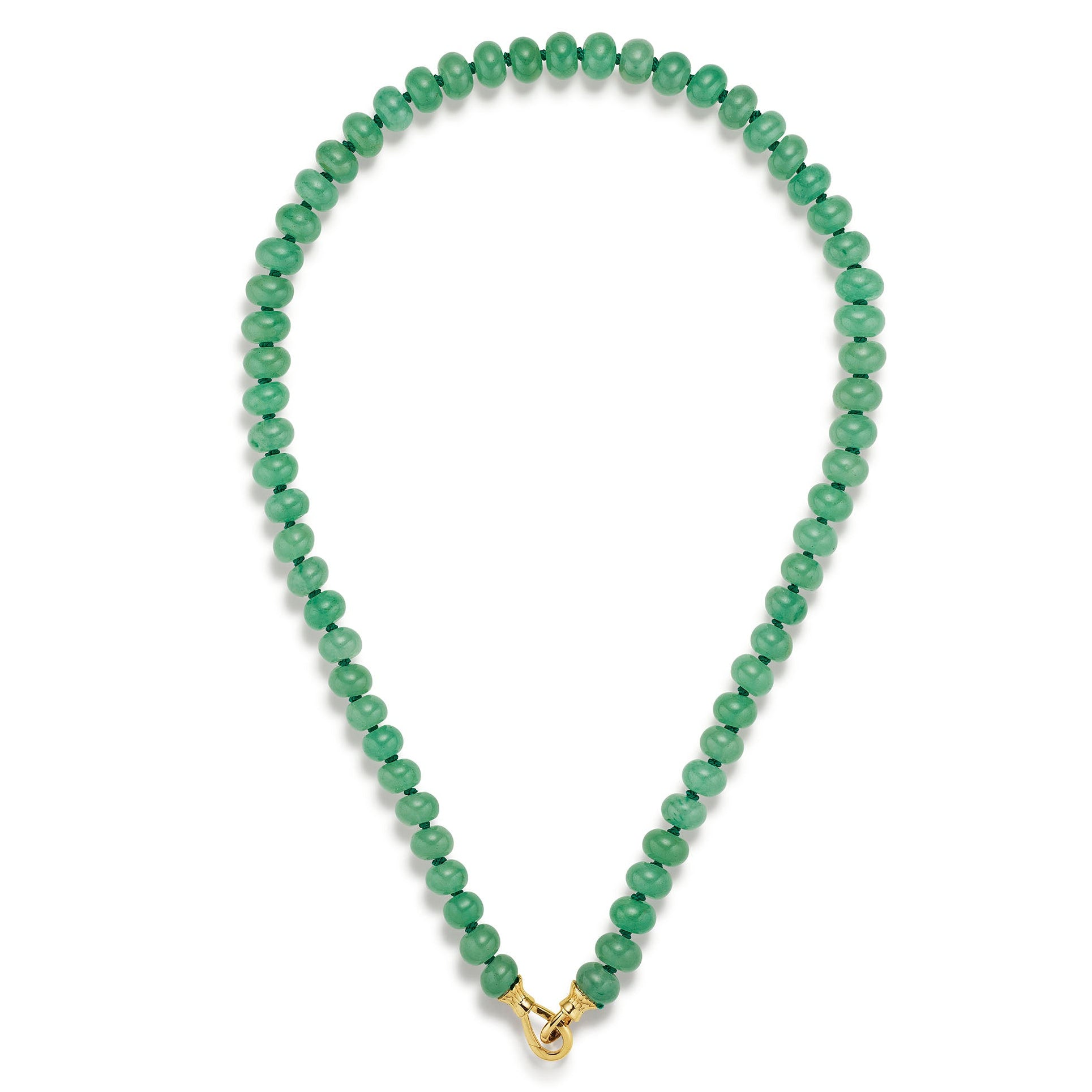 Green beaded necklace with a gold clasp on a white background