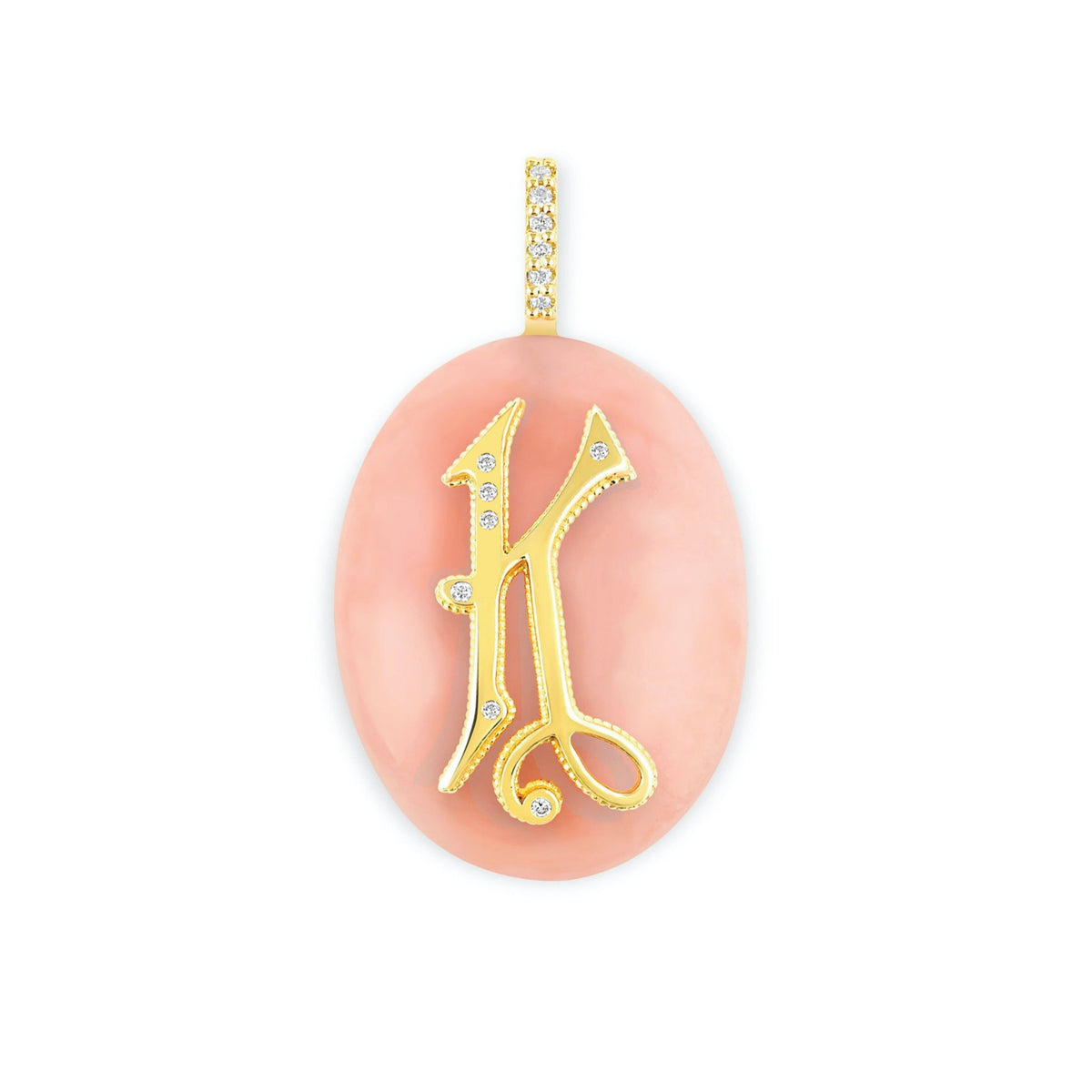 Large Oval Cabochon Monogram Pendant in pink opal with a gold diamond letter K, front view