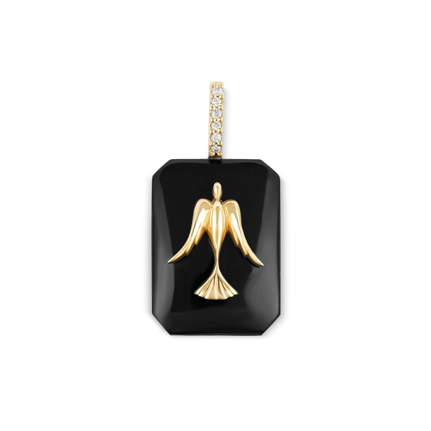 Black onyx pendant with gold dove design on a white background