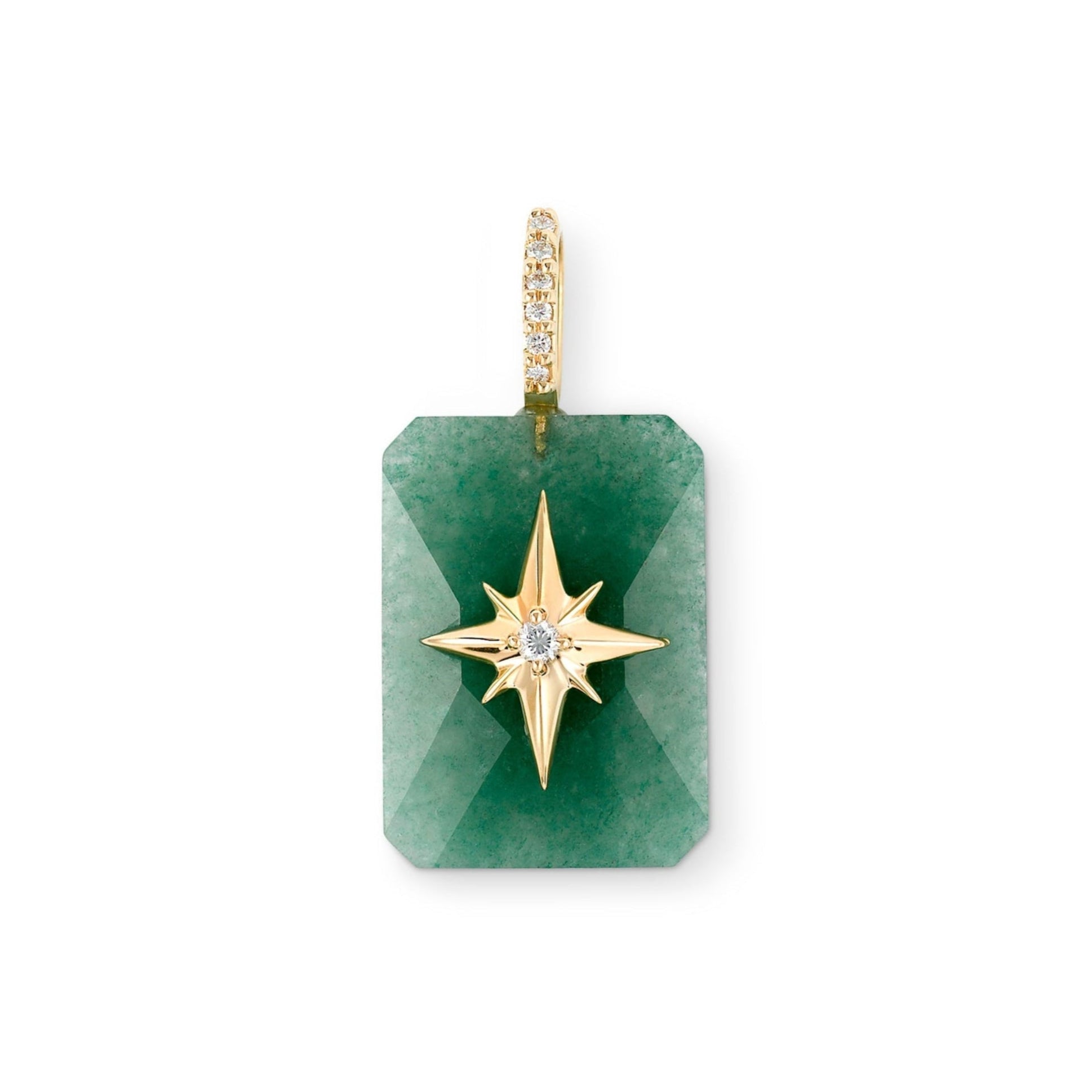 Green Aventurine emerald-cut cabochon pendant with gold starburst and diamond bail on white background