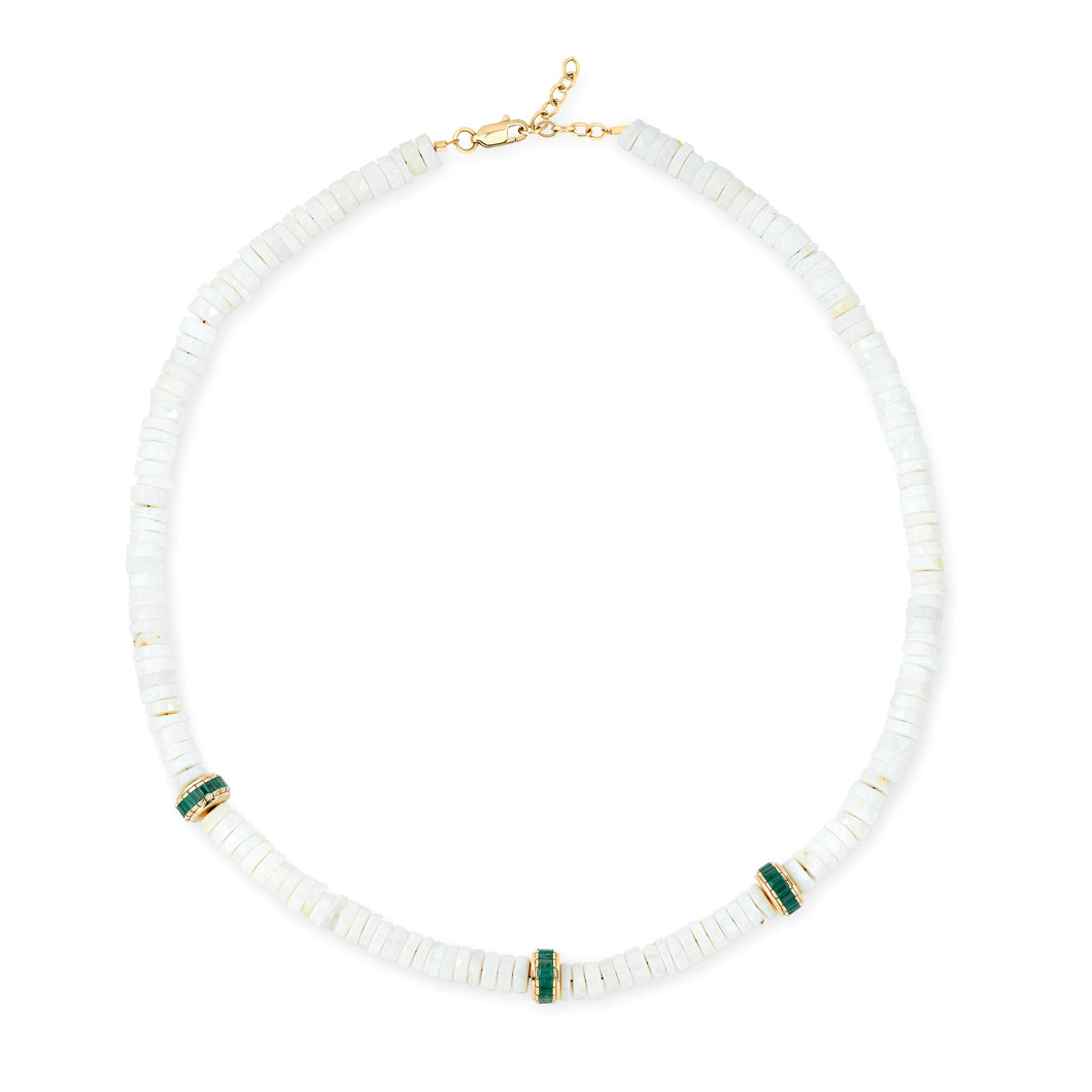 White Opal & Emerald Heishi Bead Necklace