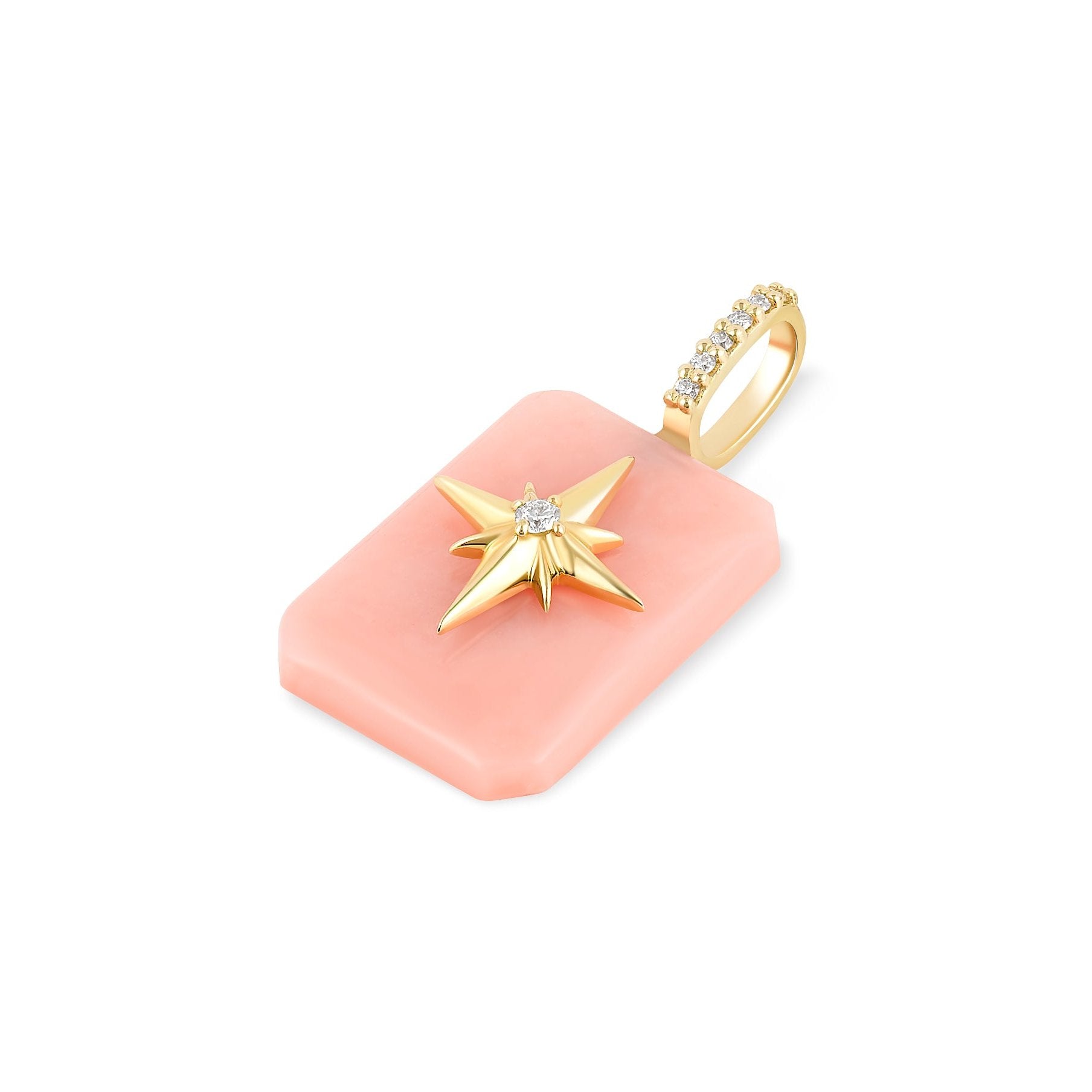 Side angle of Pink Opal emerald-cut cabochon pendant with gold starburst