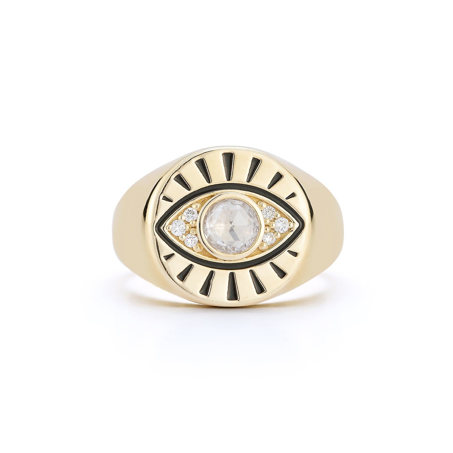Gold Evil Eye signet ring with rose-cut diamond and black enamel on white background