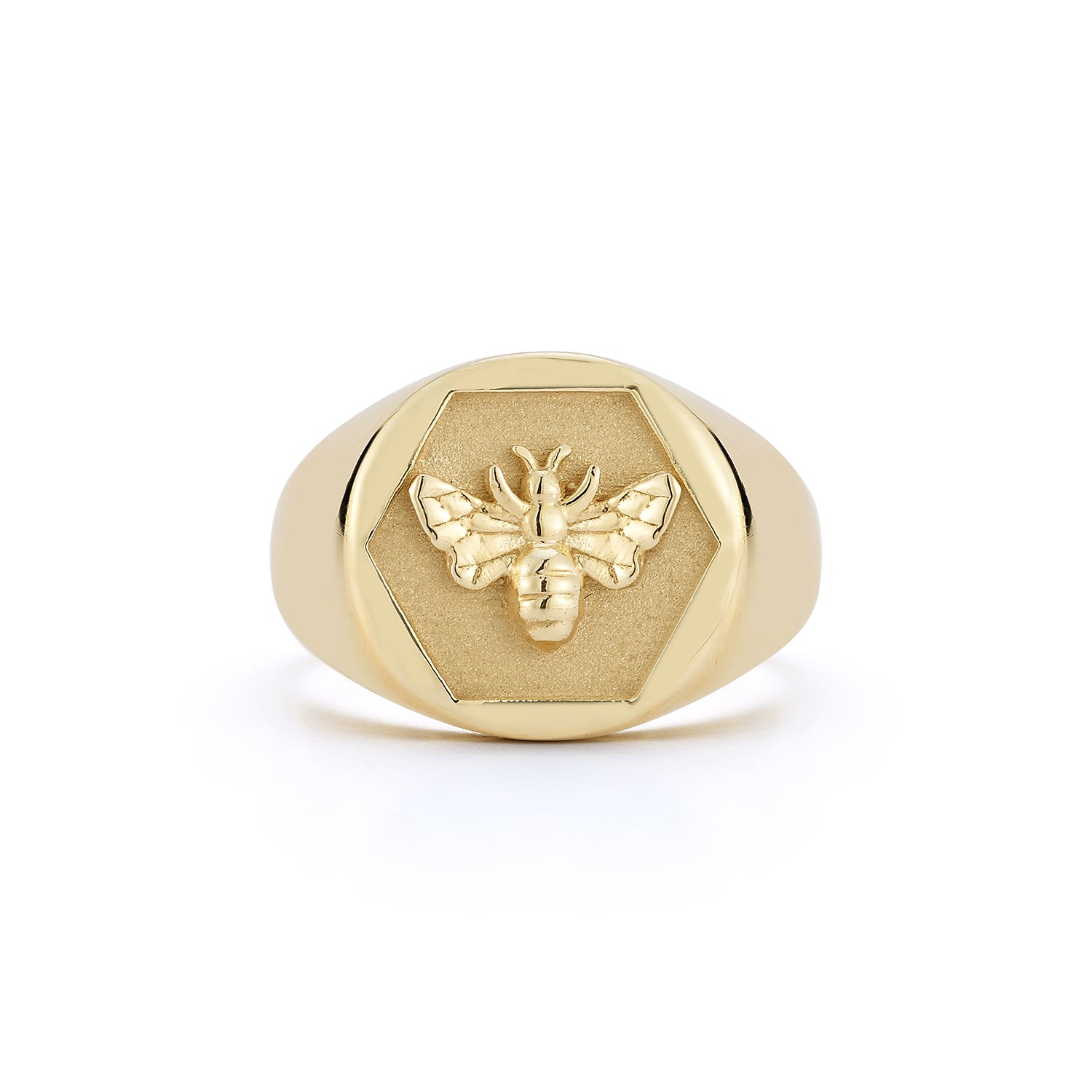 14k gold Abundance Signet Ring with sculpted Queen Bee symbol, front view