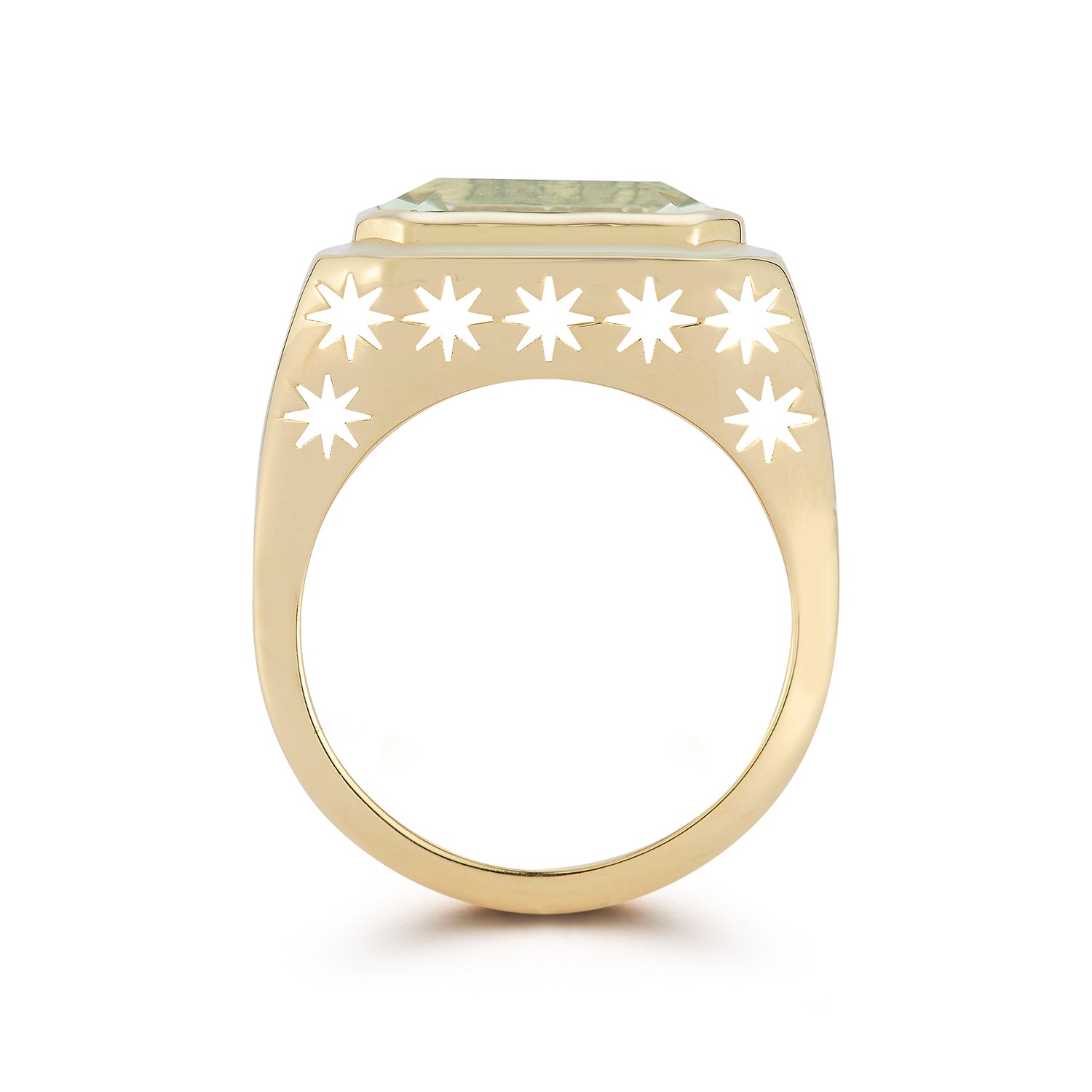 Back view of Starlit Ring showing engraved star motifs on the gold shank
