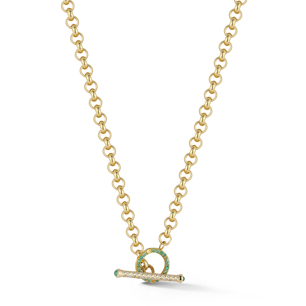 Rolo Chain w/Emerald Charm Lock & Diamond Toggle