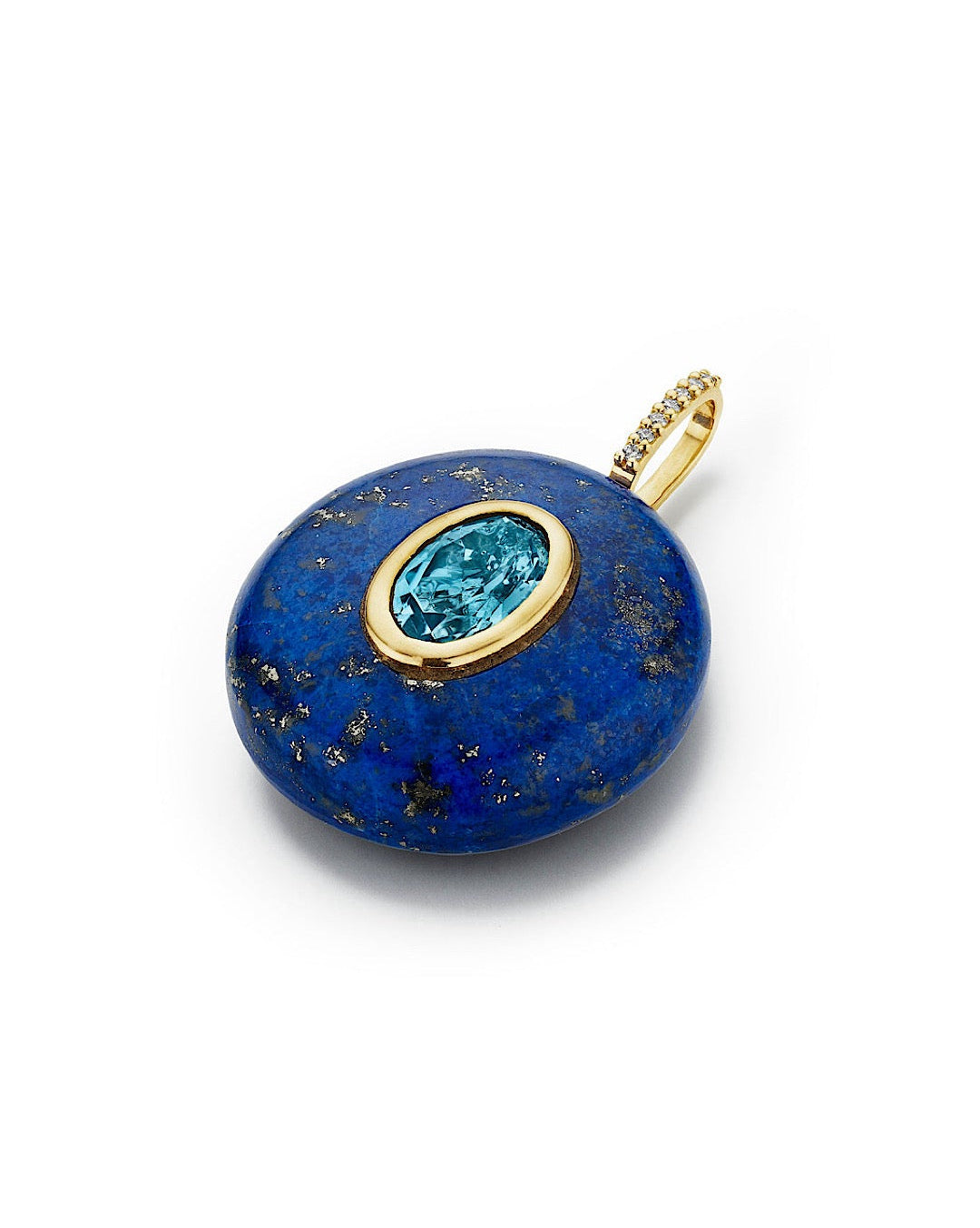 A round pendant featuring a deep blue lapis lazuli stone with natural gold pyrite inclusions, set with a central oval-cut light blue gemstone and a gold bail accented with small diamonds