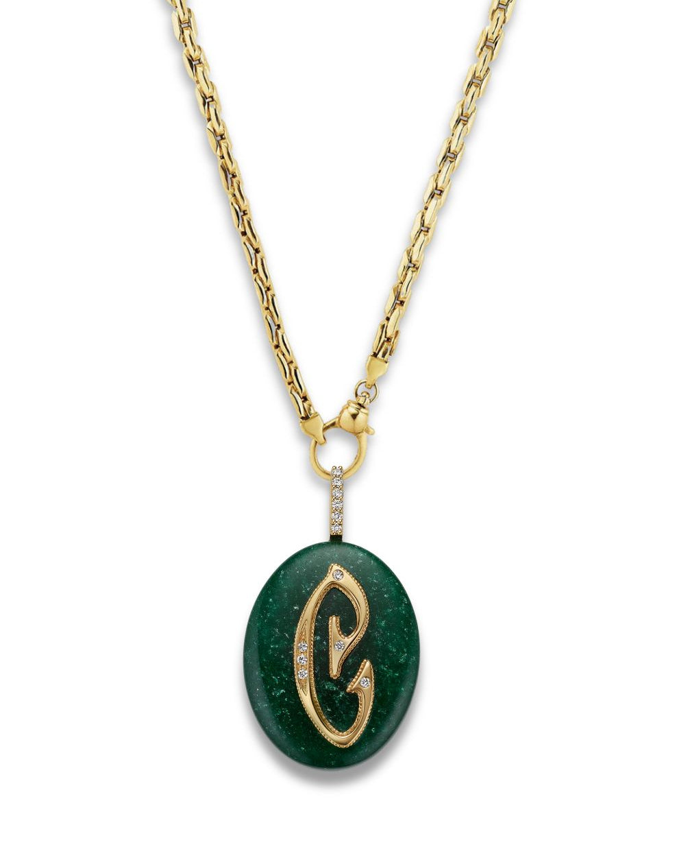 Large Oval Cabochon Monogram Pendant-Green Aventurine