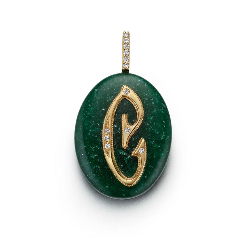 Large Oval Cabochon Monogram Pendant-Green Aventurine