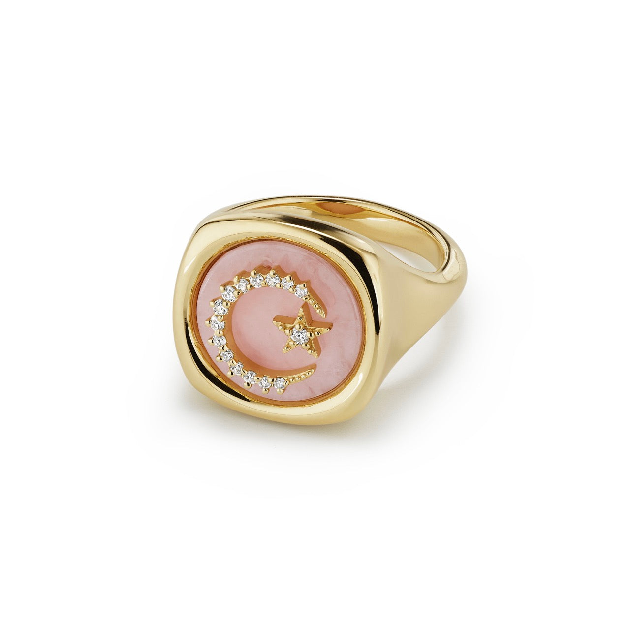 Pink Opal signet ring with moon and star diamond details