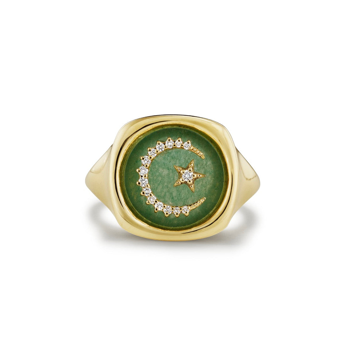 Green Aventurine signet ring with moon and star diamond details