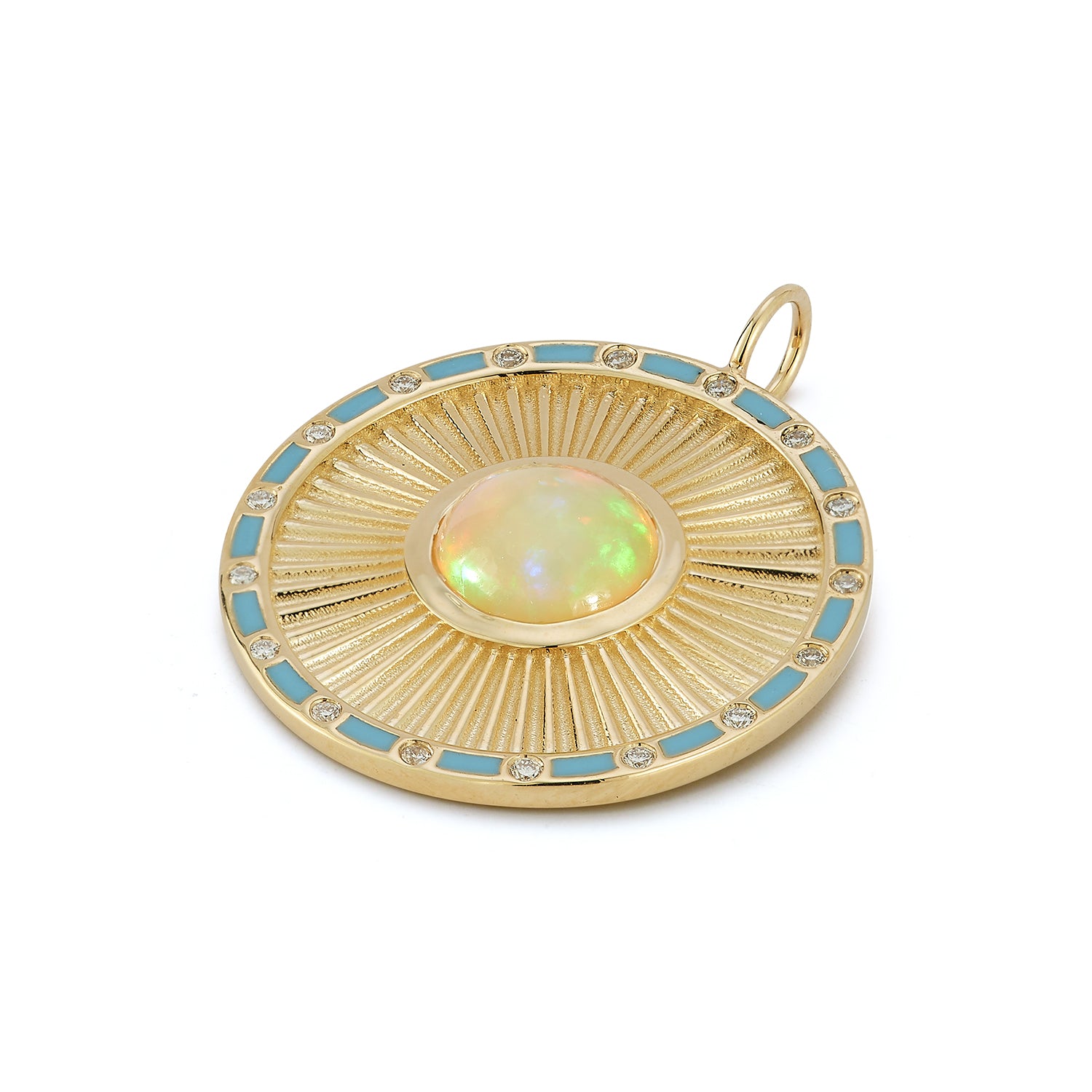 Angled view of the Clarity Pendant highlighting its opal center, raised sunburst rays, and blue enamel border in 14k gold.